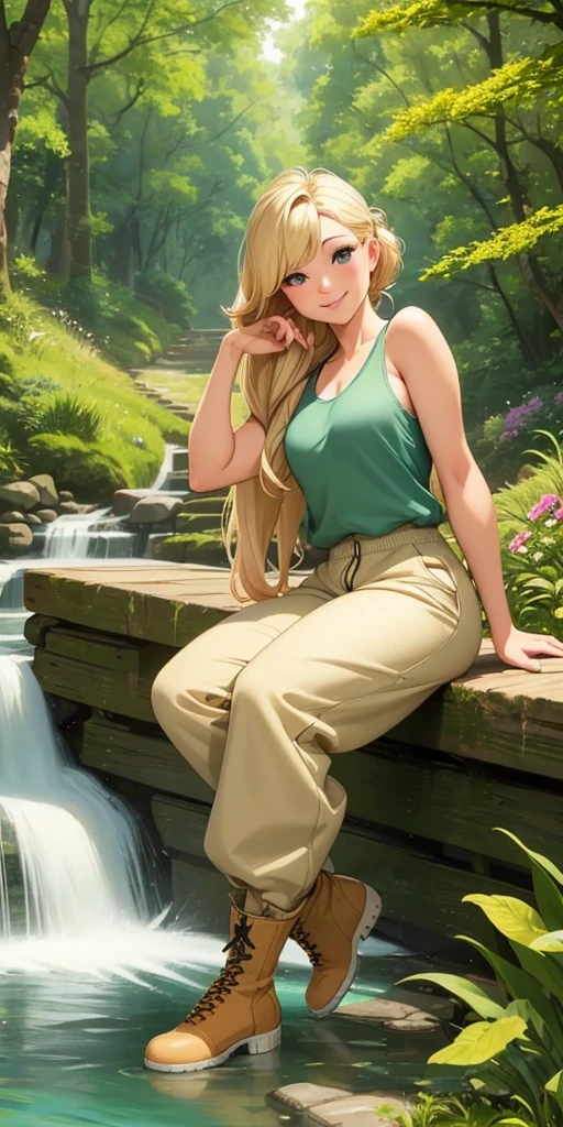 best quality, ultra-detailed, photorealistic: 1.39) masterpiece, best quality, Beautiful trees, house in the forest, beautiful stream, flowers, blonder hair, shy smile, making a shy expression, stylish hairstyle, on the road, adventurer clothes, jumpsuit, tank top and ankle boots