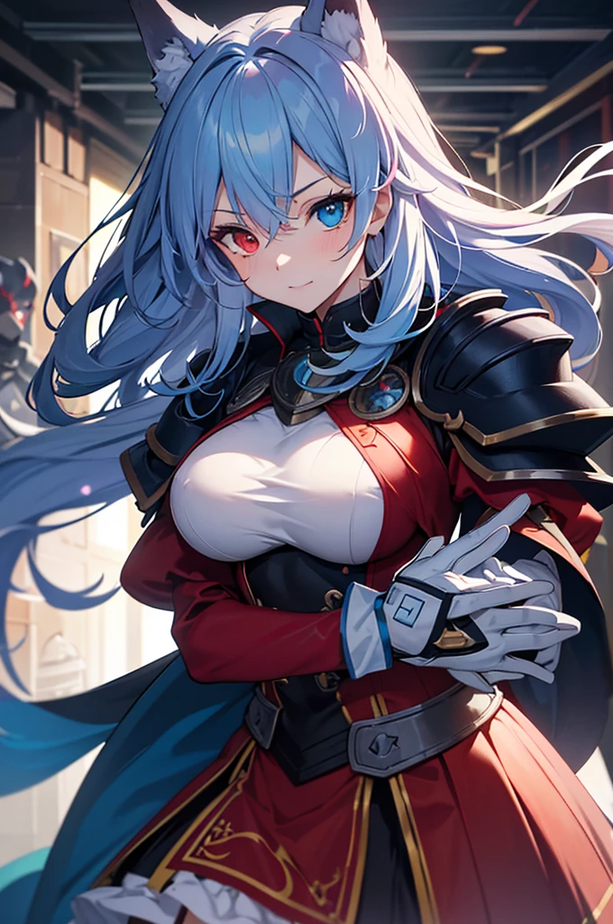 a one woman, with fox tail, fox ears, knight, with shoulder pads and bracelets, usando uma roupa leve de knight, holding an epée, (((heterochromia, red eye in the right eye, blue eye in the left eye))), ((two color hair, red and light blue)), (3 shades of hair color), Full HD, 4K, no blur, High definition, Show thighs, perfects eyes, no blemishes, no blur, へそ, large and detailed breasts, best qualityer, raytracing, face detailed, parde paper 8k, (high resolution),