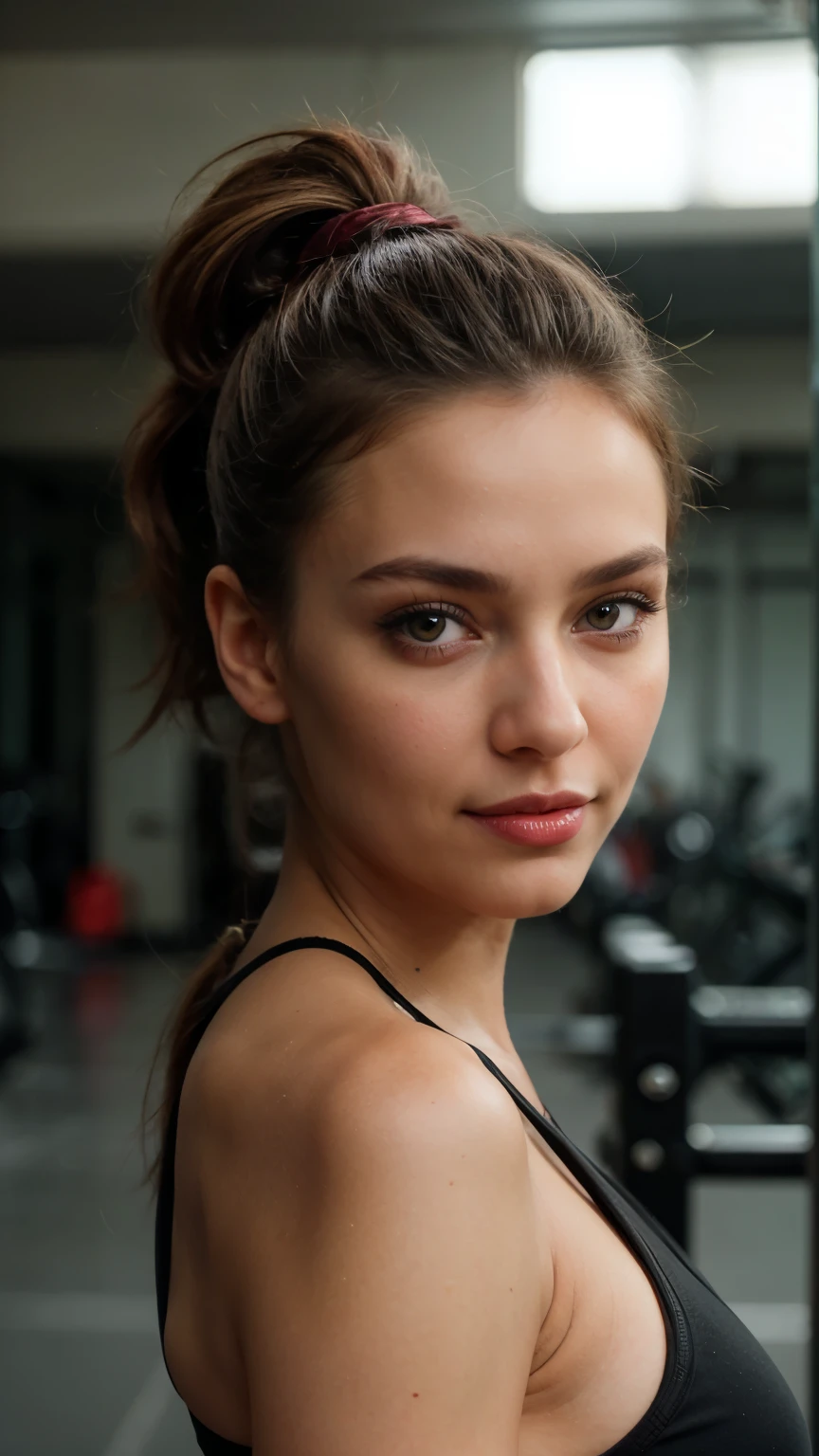 selfie photo in GYM Paris: close up, looking at the camera, focusing on hyperrealistic details and a cinematic look. ultra-detailed, realistic,photorealistic:1.37,(beautiful,detailed:1.1)eyes and face, beautifully detailed lips, extremely detailed eyes and face, long eyelashes, in the gym,(sexy,cute:1.1)pose, slim body,(wearingbootyshorts:1.1),(green:1.1)eyes, (ponytail:cute:1.1), happy expression,(gorgeous,bright:1.1)lighting