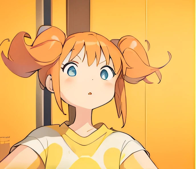 1girl, orange hair, 2 puffy twintail,  prange and yellow striped tshirt, blue eyes,
Masterpiece 