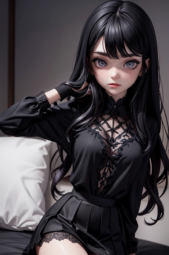 20 year old girlfriend, goth, black skirt, black lace top, black long hair. Pale skin, freckles, medium breats, medium ass, dark bedroom setting with night sky,