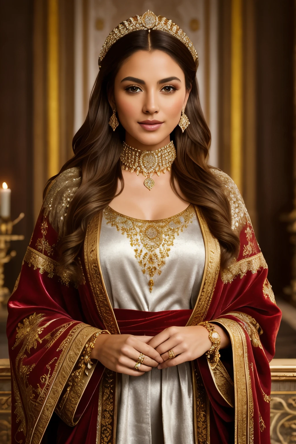 a regal figure from the Kingdom of Colchis, {noble}, chiseled features, golden-brown hair cascading down to their waist, intricate silver jewelry, hyper-detailed painting, warm candlelight, full-length portrait, royal throne, exquisite details, masterpiece, highest quality, high-resolution, photorealistic, rich textures, velvet robe, elaborate embroidery, golden accents, vibrant colors, soft focus, capturing the essence of ancient Colchis.
