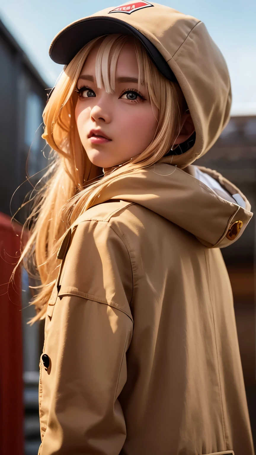 masterpiece, face details, very detailed, 8k, , female, red eyes, beige duffel coat, pleasure, front, hood up,