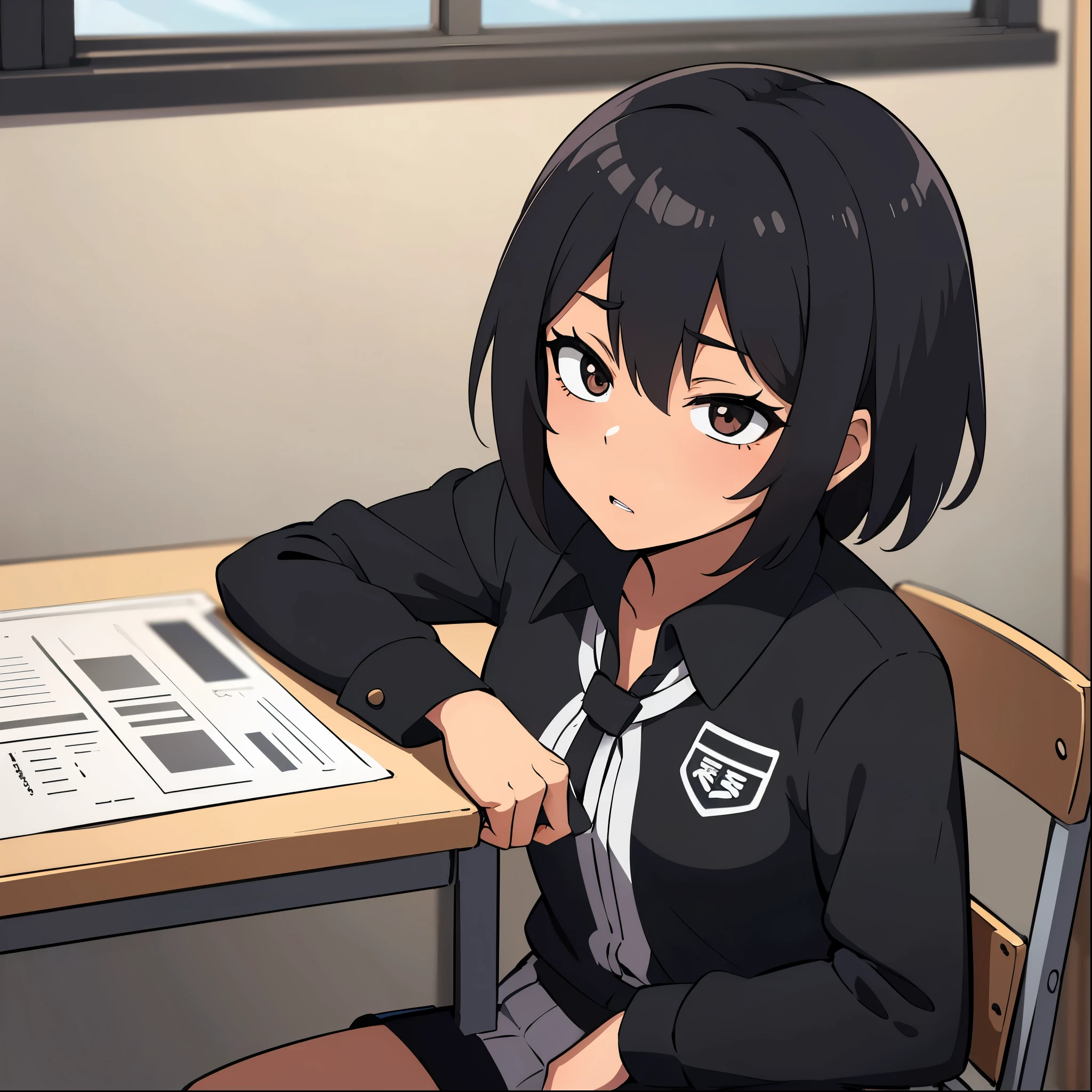 top quality, masterpiece, ultra high resolution, black and white image of an anime girl with short brown hair and well-detailed black eyes, He is in a classroom and is wearing a very tight uniform. 