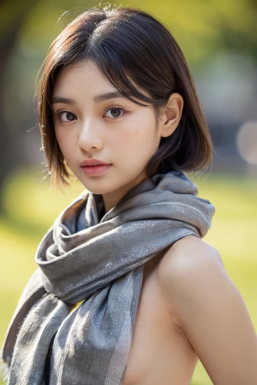 beautiful and attractive, 23-year-old Thai girl, 162-centimeter height, natural-ivory skin tone, (rounded-face), little-eyes, black eyes, (((korean monolid-eyes))), (clear-detailed eyes), centered-focus eyes, natural-gloss full-lips, (straight shoulder-length bob haircut), ((gray and silver highlights on black hair)), (clear-detailed hairs), ((naked small-breasts)), hourglass-slim figure, narrow shoulders, long neck, slim waist, rich-detailed skin texture, skin detention, white crop-tops, high-waist blue skinny-denim, Cartier’s rose-gold love necklace, (clear rich-detailed necklace), (((too tight Parisian-scarf with a big-knot scarf tightly strangle neck and long-tail scarf behind back))), ((rich-detailed scarf texture)), (((linen-cotton ribbed beige-color scarf with scarf-knot and tail))), look up to viewer, best highly-details and quality, 8k, HD photo