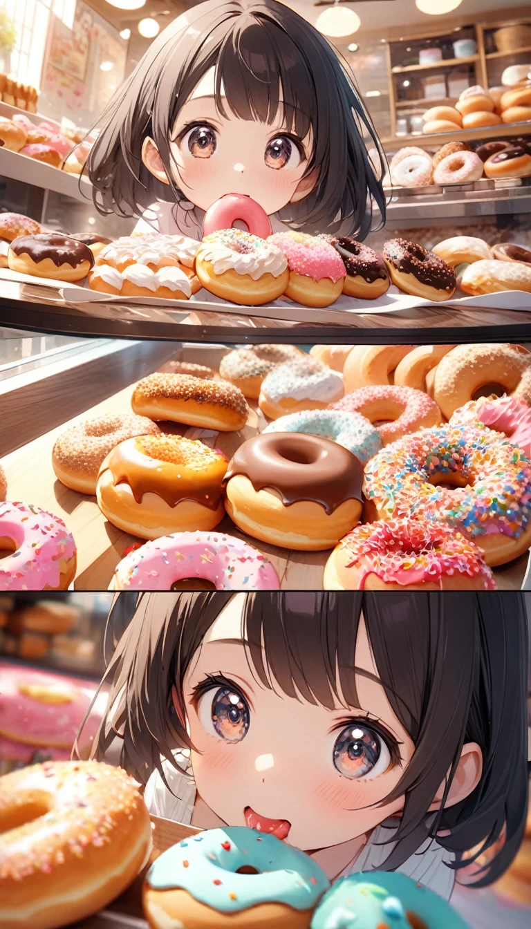 Beautiful, cute and lively donut shop.Host a tasting event.Close-up of cute girl eating donuts.Beautiful and extremely textured foreground and background,detailed, bright, Animation style high definition and high quality presentation((Masterpieces in up to 16K resolution):1.6),((soft_color_photography:)1.5), ((Super detailed):1.4),((Typical static images and dynamic angles):1.3),