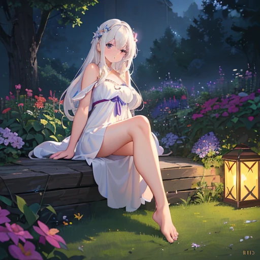 (best quality,4K,8K,high resolution,masterpiece:1.2),Very detailed,(Practical,photoPractical,photo-Practical:1.37),illustration,Soft Light,White hair girl,Deep purple eyes,Glowing eyes,sit down,barefoot,blush,Garden at night,Flowers.dew