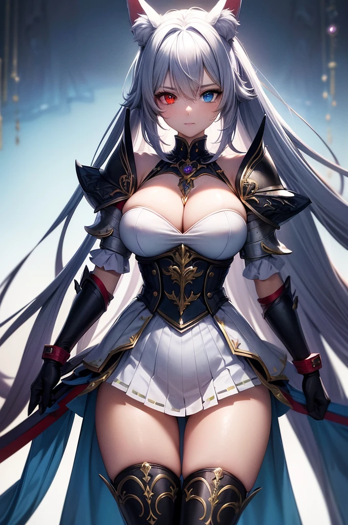 a one woman, with fox tail, fox ears, knight, with shoulder pads and bracelets, usando uma roupa leve de knight, holding an epée, (((heterochromia, red eye in the right eye, blue eye in the left eye))), ((two color hair, red and light blue)), (3 shades of hair color), Full HD, 4K, no blur, High definition, Show thighs, perfects eyes, no blemishes, no blur, へそ, large and detailed breasts, best qualityer, raytracing, face detailed, parde paper 8k, (high resolution),
