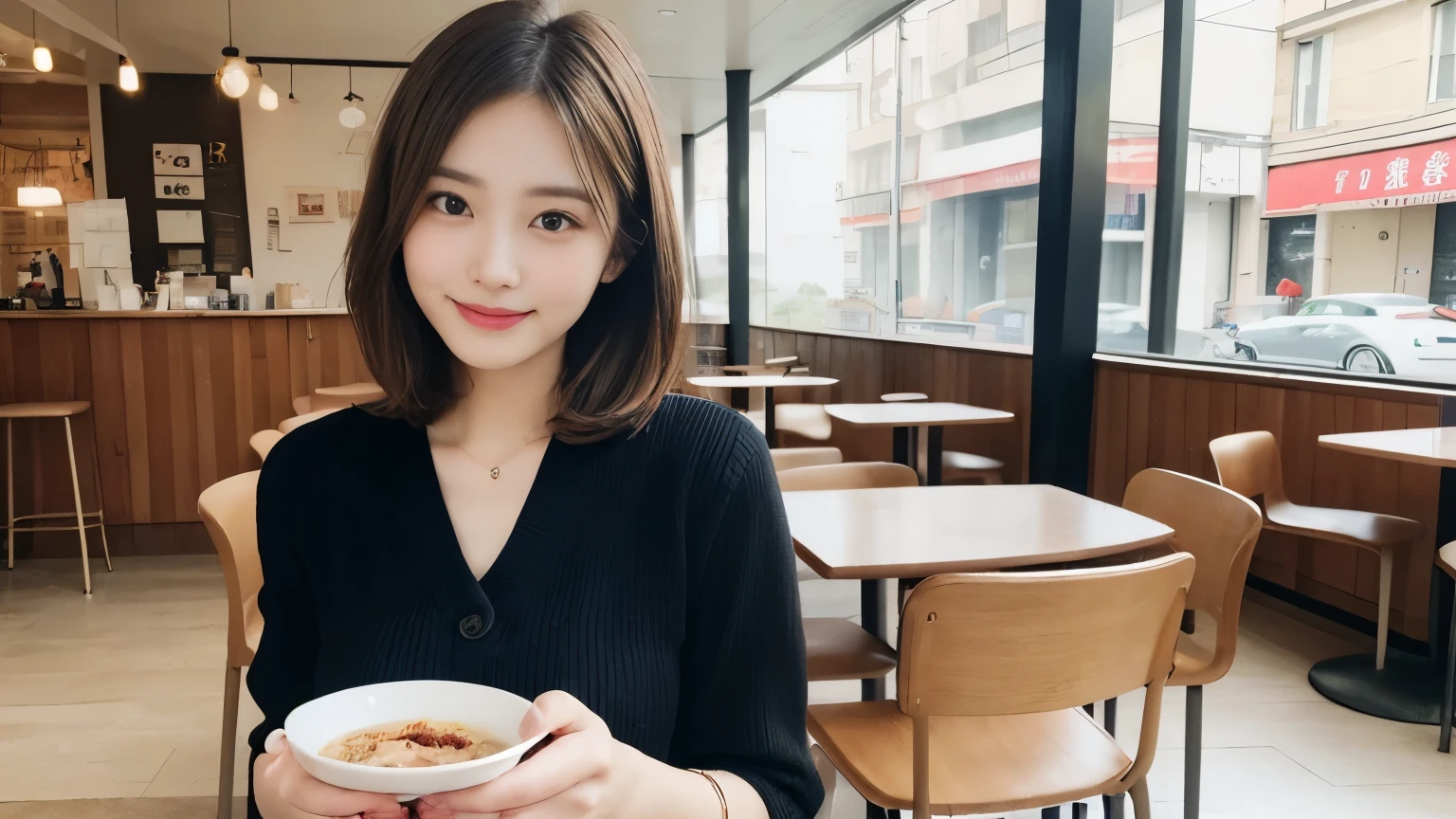 super high quality, smile, Slenderのネックレス, Slender, The staff is working at the counter in the back., (8k、RAW Photos、Highest quality、masterpiece:1.2), Japanese Idol, (Realistic、Photorealistic:1.37), Golden Ratio, Raw photo, Light Brown Hair, Small breasts, Blurred Background, Summer clothes, Cafe Terrace, Open Cafe, Photographed inside the cafe, Pretty face, Hair blowing in the wind, Neat clothes, Very Short Hair, 18-year-old, high school girl, 
