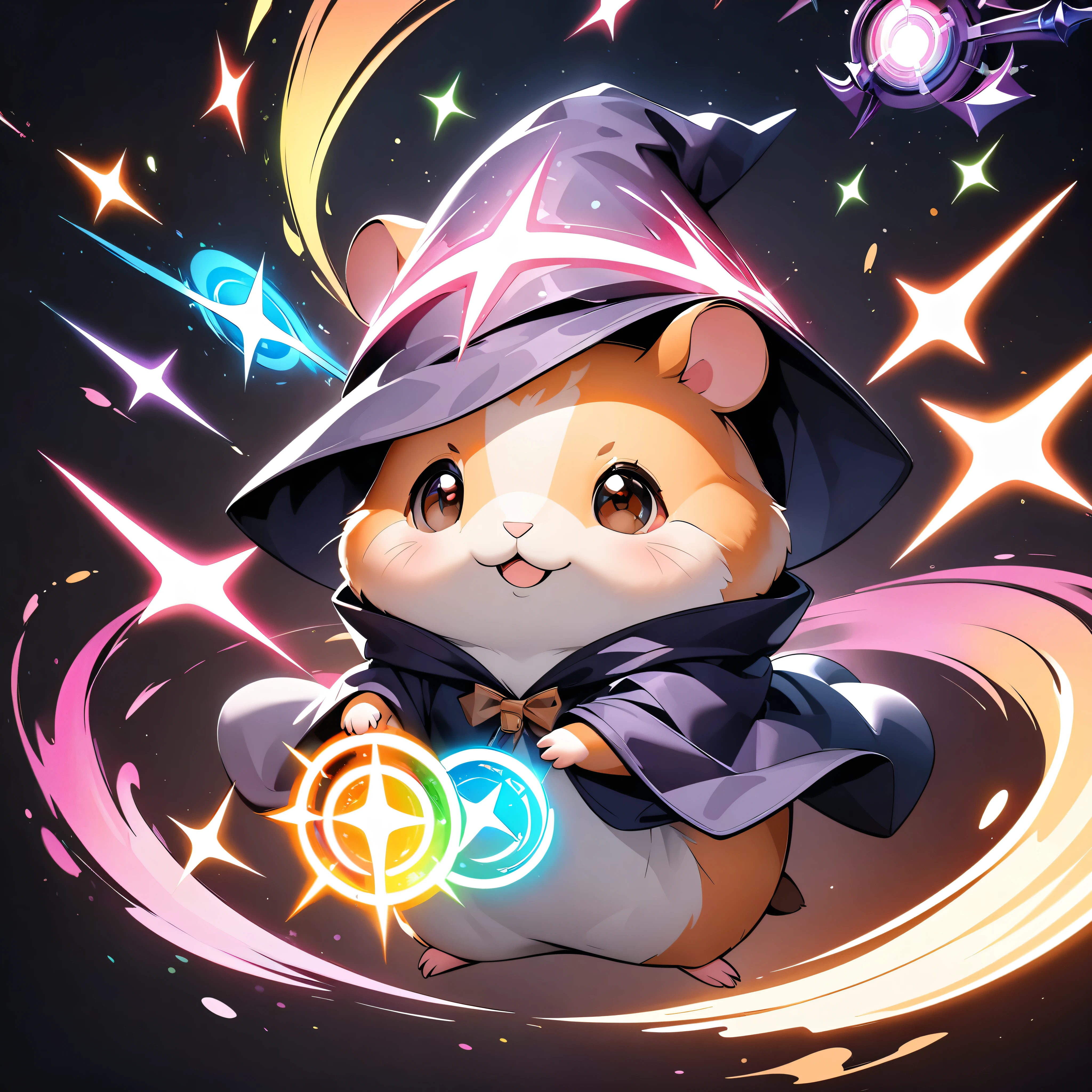 Colorful drawing of a hamster on a black background, Breathtaking Rendering, In a shining connection, Magical Elements, Hamster icon, Wizard Robe and Wand, Colorful vibrations and magical effects, Energy released, Cast a variety of spells, bright flash, flash, Deformation, Cute Animals.