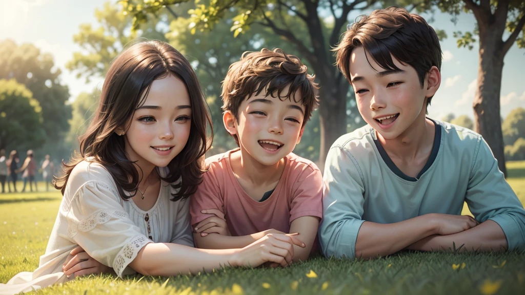 a young boy, happy family, playing together in a park, green grass, bright sky, smiling, laughing, casual clothes, sunshine, warm lighting, soft focus, intricate details, realistic, photorealistic, HDR, masterpiece