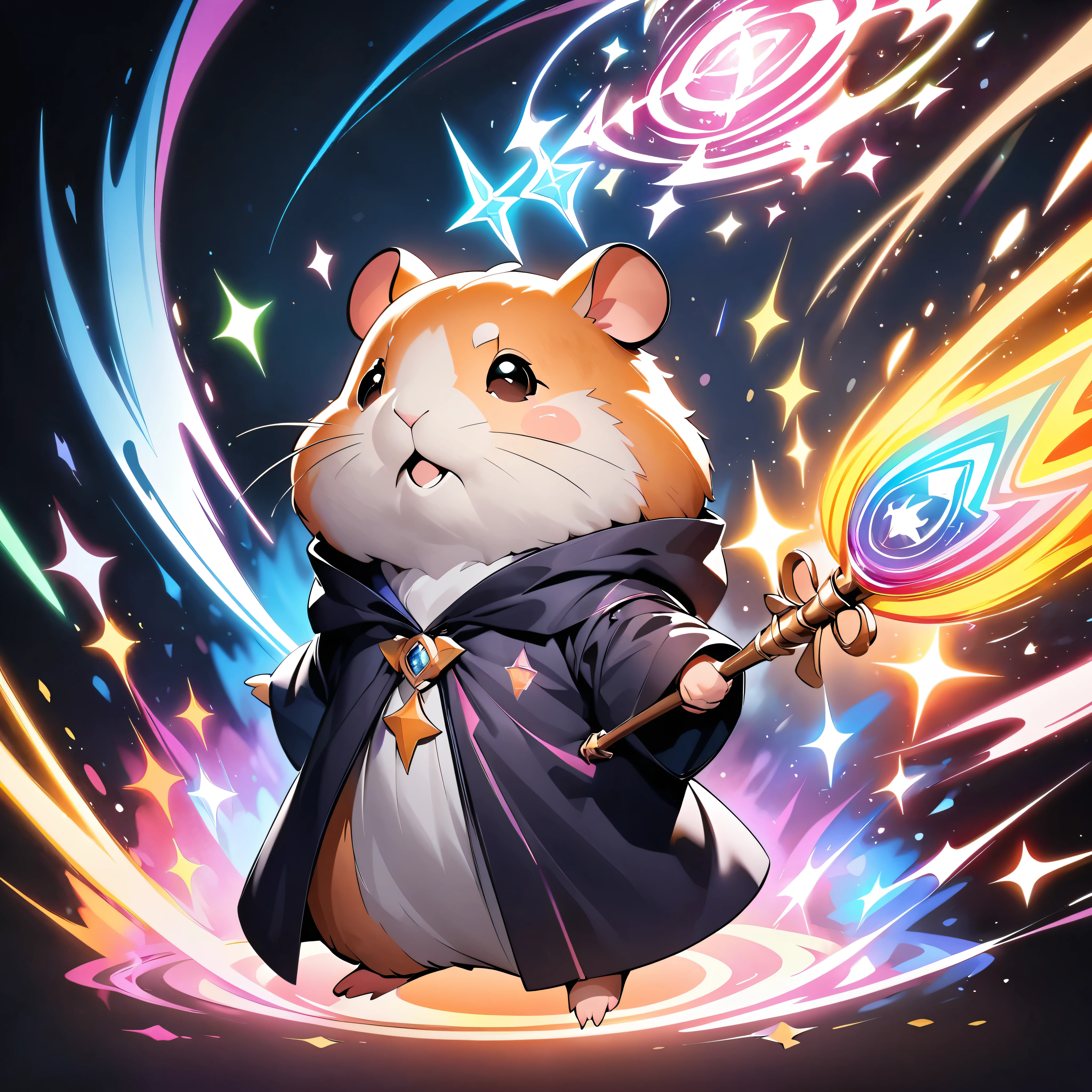 Colorful drawing of a hamster on a black background, Breathtaking Rendering, In a shining connection, Magical Elements, Hamster icon, Wizard Robe and Wand, Colorful vibrations and magical effects, Energy released, Cast a variety of spells, bright flash, flash, Deformation, Cute Animals.