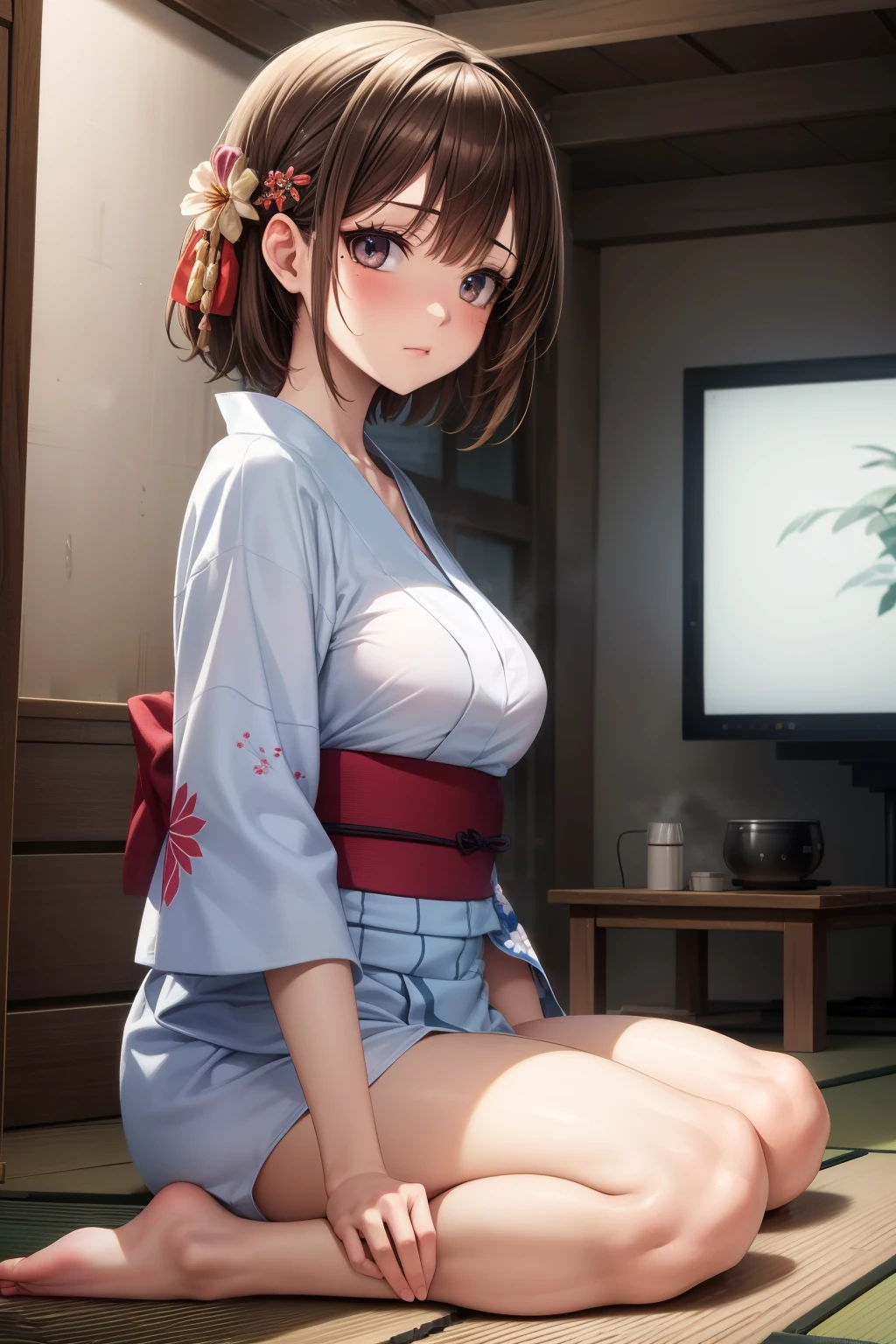 (masterpiece:2.0), (top-quality:2.0), (sitting naked:1.5), (extremely mini skirt extremely small pink yukata:1.5), (super thin fabric:1.5), (sexypose:1.5), (blushed face:1.3), (barechested:1.3), (realistic:1.5), 1 , precise hands, Embarrassed look, light smile, Look at me and smile, extremely cute girl, innocent face, young face, Clear eyes, Shining eyes, small breast, (cleavage of the breast is visible:1.5), (the thighs is visible:1.5), The crotch is visible, No pubic hair, full body, The beautiful skin, ultra-definition, Top resolution, japan high school student, brown hair, at the night festival