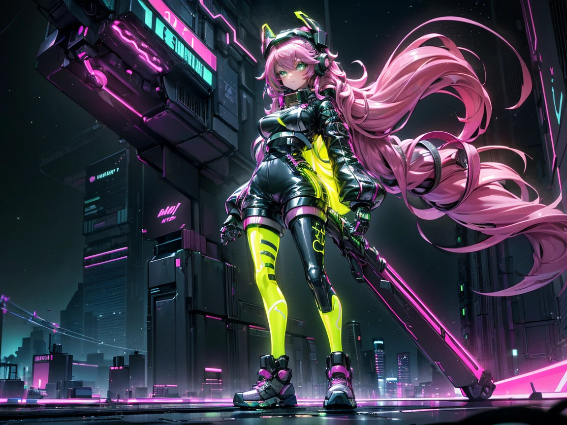 masterpiece:1.4, 1girl ((20year old, dressed in long sleeve shirt, tight black shorts, sneakers, medium breasts, multicolor pink hair, curly long hair, green eyes:1.4, Wearing headphones, looking towards camera, standing in a futuristic city street:1.1 tall sci-fi buildings in background:1.1, moonlight:1.2, neon and energetic atmosphere:1.2)) ((nighttime)) ((low camera angle, ground view)) ((solo:1.6))