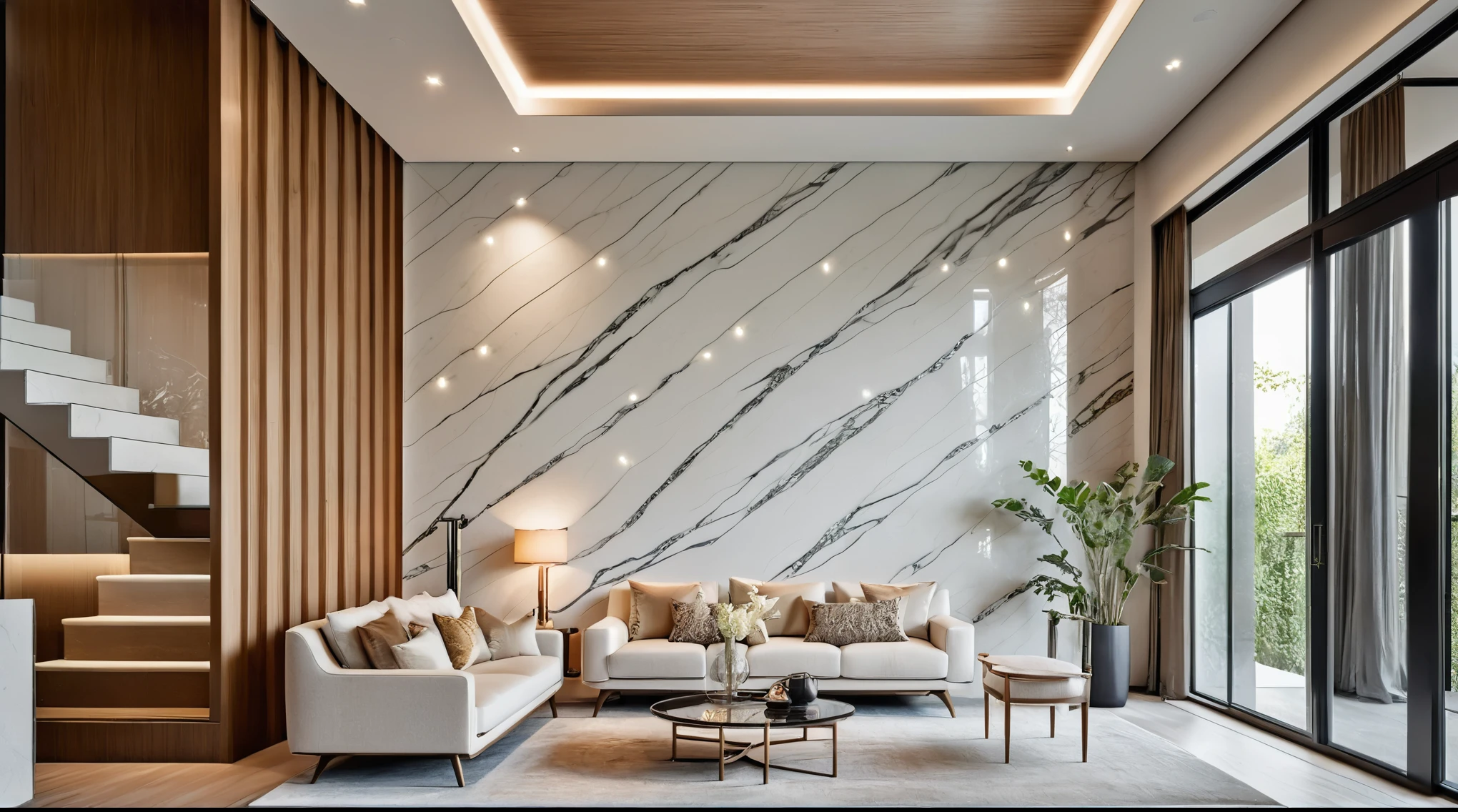 the living room. The staircase have a modern design with glass railings and marble steps, adding a touch of luxury to the space. wooden ceiling with white line, high-resolution, highly detailed render of a modern living room with a sophisticated design. comfortable sofa set with rich, textured upholstery in neutral tones. Include a stylish coffee table with a glossy finish in the center. Behind the sofa, there a modern decorative panel with intricate designs and MDF cabinet. The room should have a balanced mix of natural and LED lighting, creating a warm and inviting atmosphere. Captured with a Canon EOS R5, 50mm f/1.2 lens, balanced natural and LED lighting.