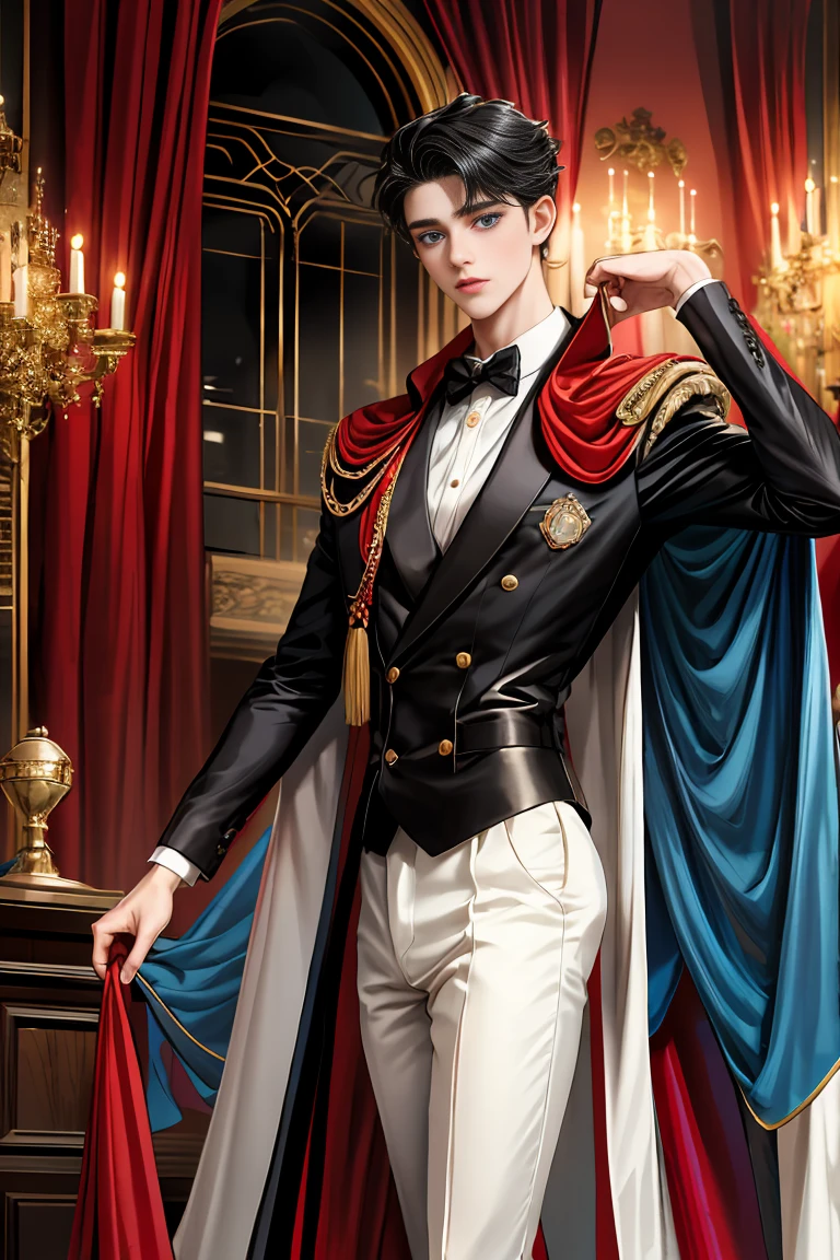 
masterpiece, 最high quality, high quality, 1 boy, alone, Male focus, Watching the audience,  Messy black hair, Adorable big blue eyes, White, Noble, Noble,A black and red cape that is bursting with sexy volume、Tuxedo、A very voluminous, large, very large, very large, long, long red and black cape with a high stand-up collar, made of a lot of fabric that reaches down to the floor., ,Cute beautiful boys,Cute, cute, kind, handsome guy