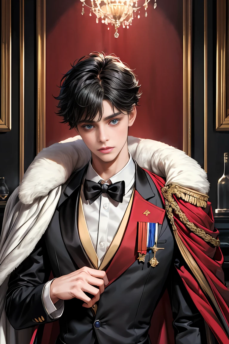 masterpiece, 最high quality, high quality, 1 boy, alone, Male focus, Watching the audience, Messy black hair, Adorable big blue eyes, White, Noble, Noble,A black and red cape that is bursting with sexy volume、Tuxedo、A very voluminous, large, very large, very large, long, long red and black cape with a high stand-up collar, made of a lot of fabric that reaches down to the floor., ,Cute beautiful boys,Cute, cute, kind, handsome guy