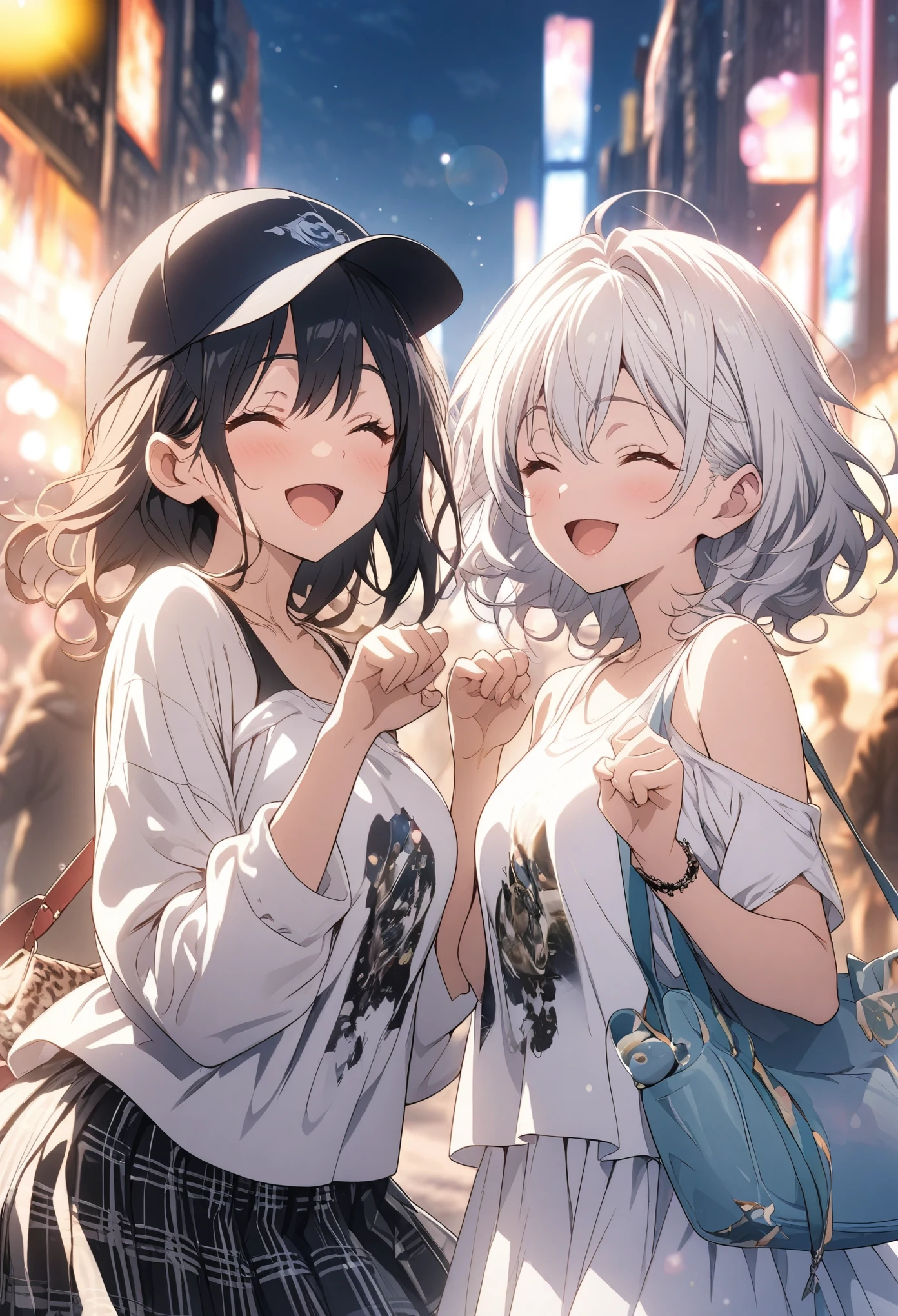 Two Girls, masterpiece, Highest quality, Highly detailed CG Unity 8K wallpapers, High School Girl Anime Illustration. Wear an oversized tank top, She is wearing a red and black checked skirt., paw poseのポーズ, She closes her eyes and opens her mouth wide, smile. white hair color, Yellow Eyes, Bokeh, Street style fashion, Wearing a cap, With a shoulder bag, Lens flare, The sun rises, Pink Sky, The background is the cityscape, Bokeh photo, (soft focus): 1.2, out of focus highlights, dreamy atmosphere, captivating depth