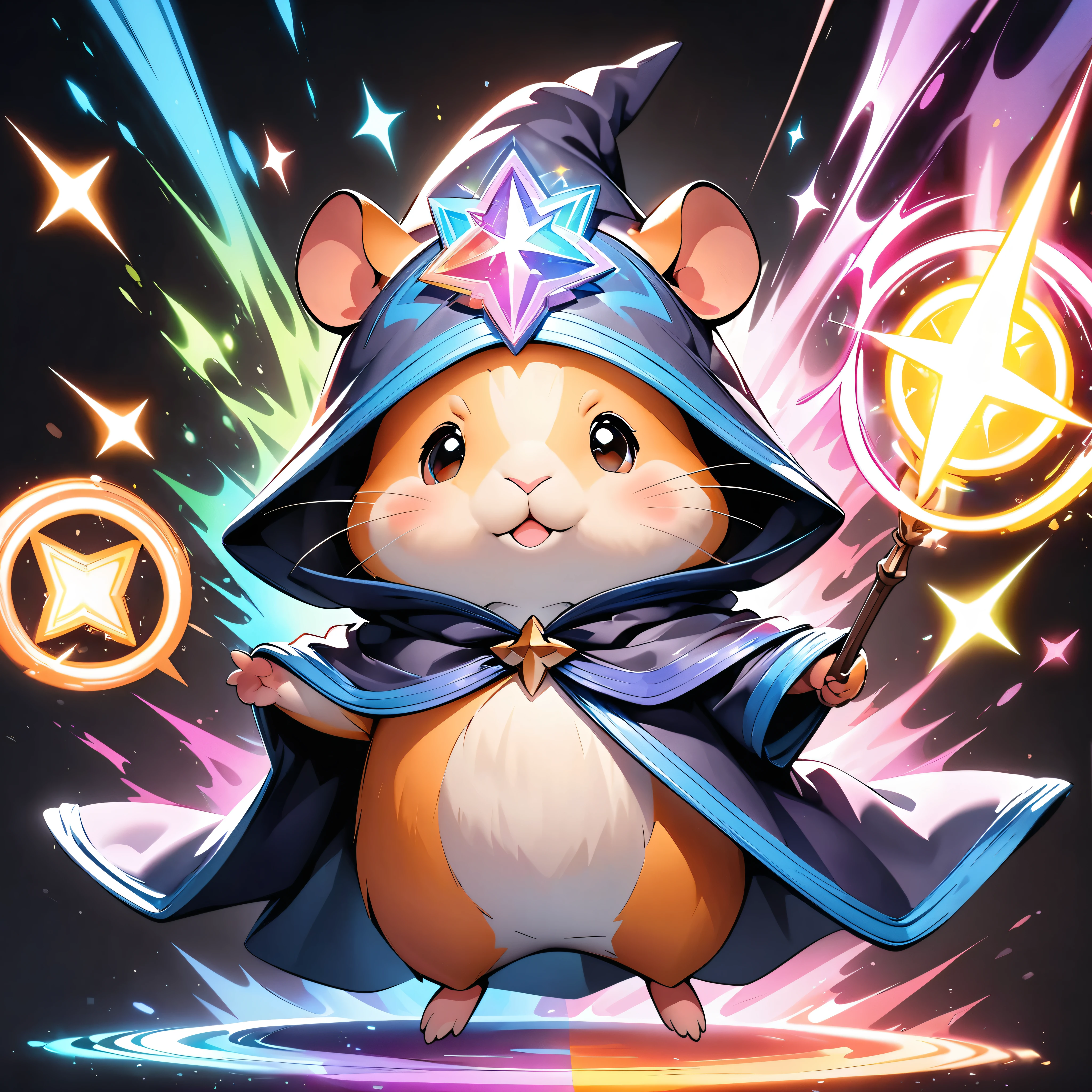 Colorful drawing of a hamster on a black background, Breathtaking Rendering, In a shining connection, Magical Elements, Hamster icon, Wizard Robe and Wand, Colorful vibrations and magical effects, Energy released, Cast a variety of spells, bright flash, flash, Deformation, Cute Animals.