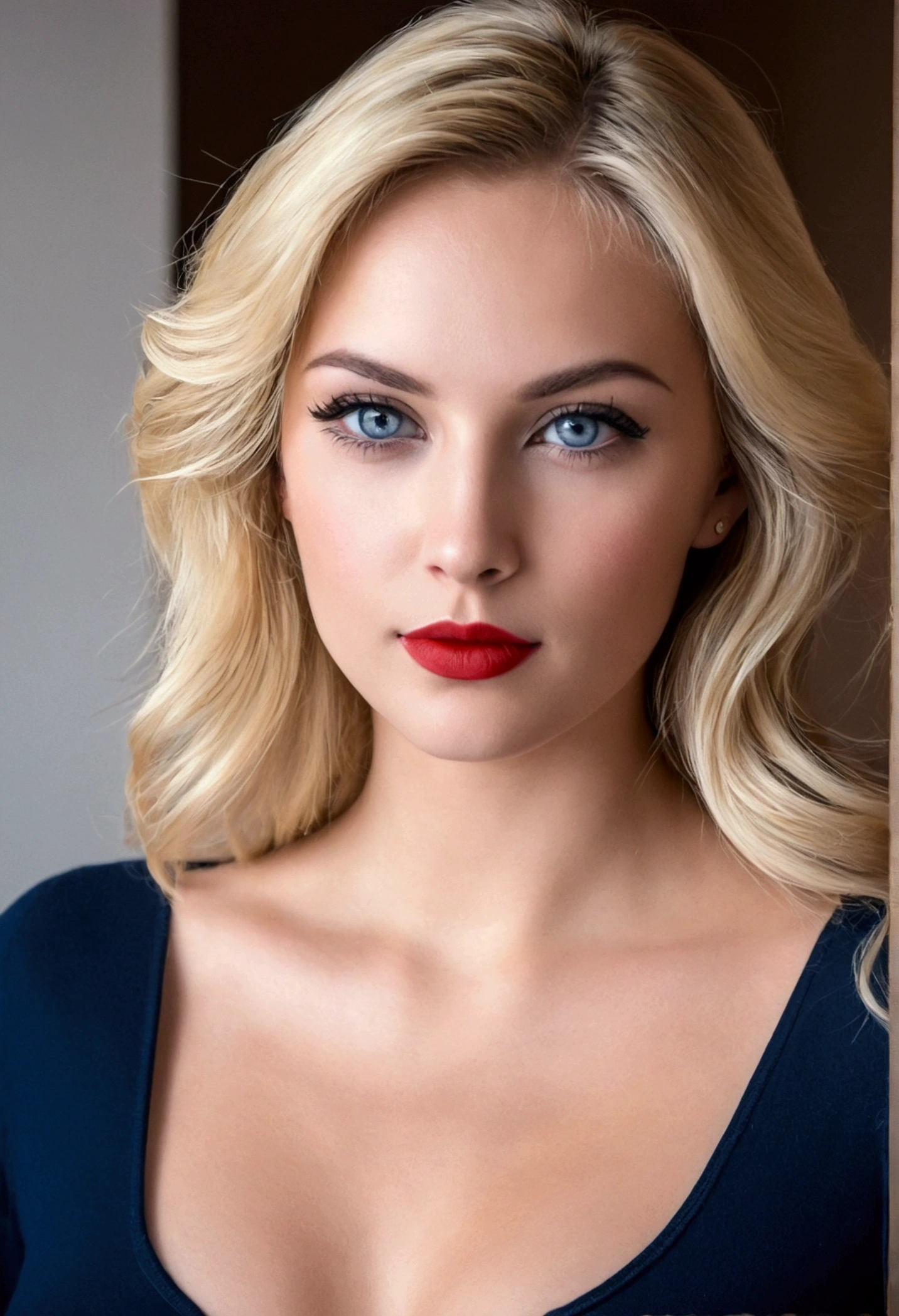 fille de 1m60 blonde avec un visage fin des yeux bleu un petit nez avec une jean noir et un décolleter rouge dans une chambre