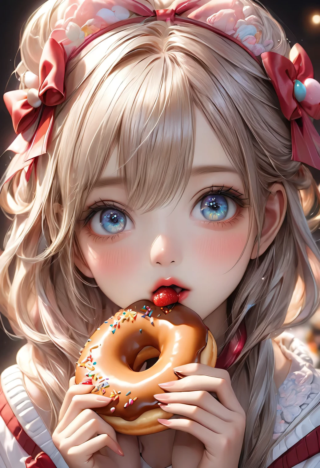 cute anime girl eating a donut, girl with a red bow on her head, realistic portrait, eating a donut, cute girl, smooth anime cg art, cute anime girl visuals, variation, detailed digital anime art, (best quality,4k,8k,highres,masterpiece:1.2),ultra-detailed,(realistic,photorealistic,photo-realistic:1.37),beautiful detailed eyes,beautiful detailed lips,extremely detailed eyes and face,longeyelashes,intricate details,soft lighting,warm colors,vibrant colors,pastel colors, Blissful expression:1.2, eating happily:1.4