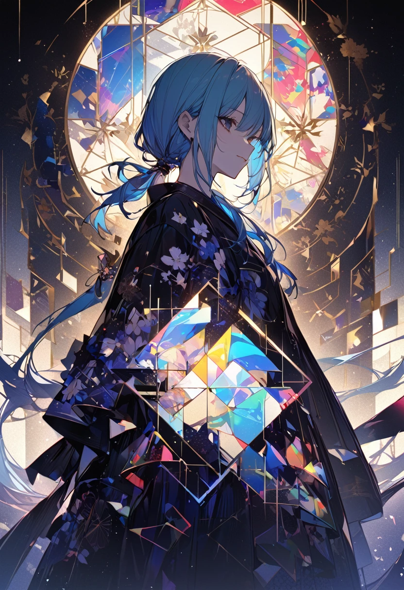 Highest quality、masterpiece、High resolution、Light blue hair、Low Ponytail、Dark Eyes、Japanese Gothic Coordination、flowerpunk、Vividly colored machine design、Geometric pattern、Golden Ratio、Right side、highlight、Silhouette composition