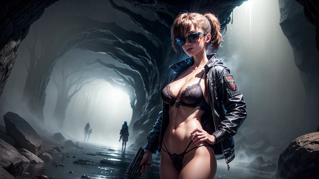 at night, fountain of youth, mystery cave, underground. (((1girl, solo, alone))), large-breast:1.2 slim:0.6 body, cleavage:1.1, sexy lingerie with jacket, (black sunglasses), (((holding a pistol))), dynamic pose, (half-body thigh:1.1 level medium shot), mysterious fog, cinematic lighting, ray tracing.