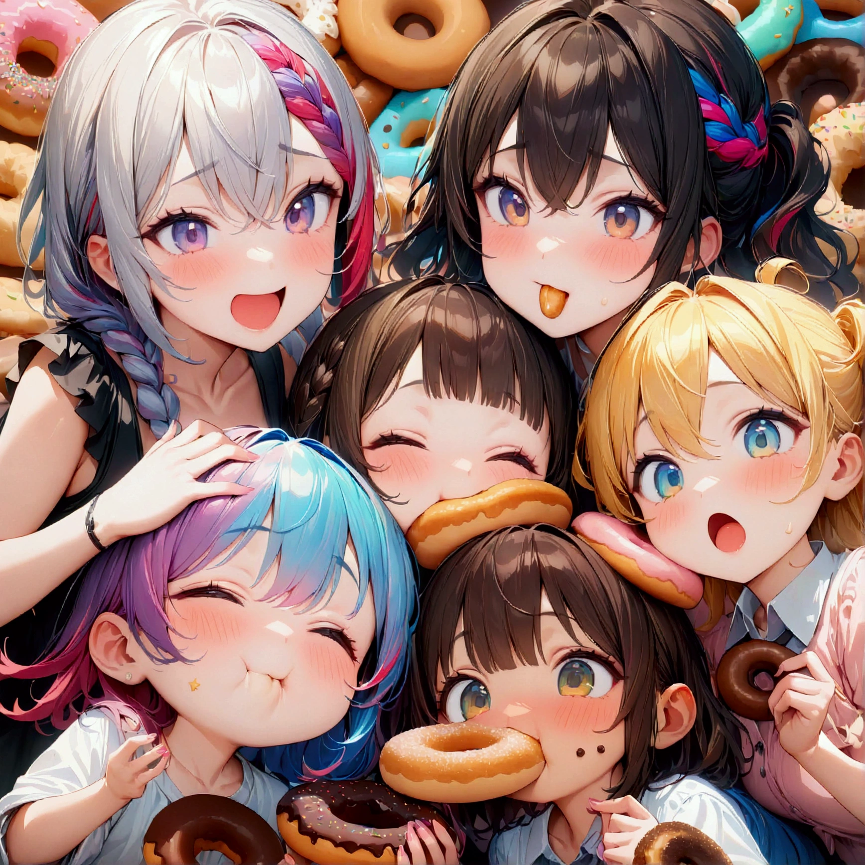 multiple girls, group picture, lineup, 3girls, girls eating donuts, colorful hair, various hairstyles, chibi, (masterpiece:1.2), best quality, high quality, (hyper detailed), 4K, high resolution, extremely detailed CG, (grabbing and eating, donuts), ((Lots of friends)), giggling, funny expressions,