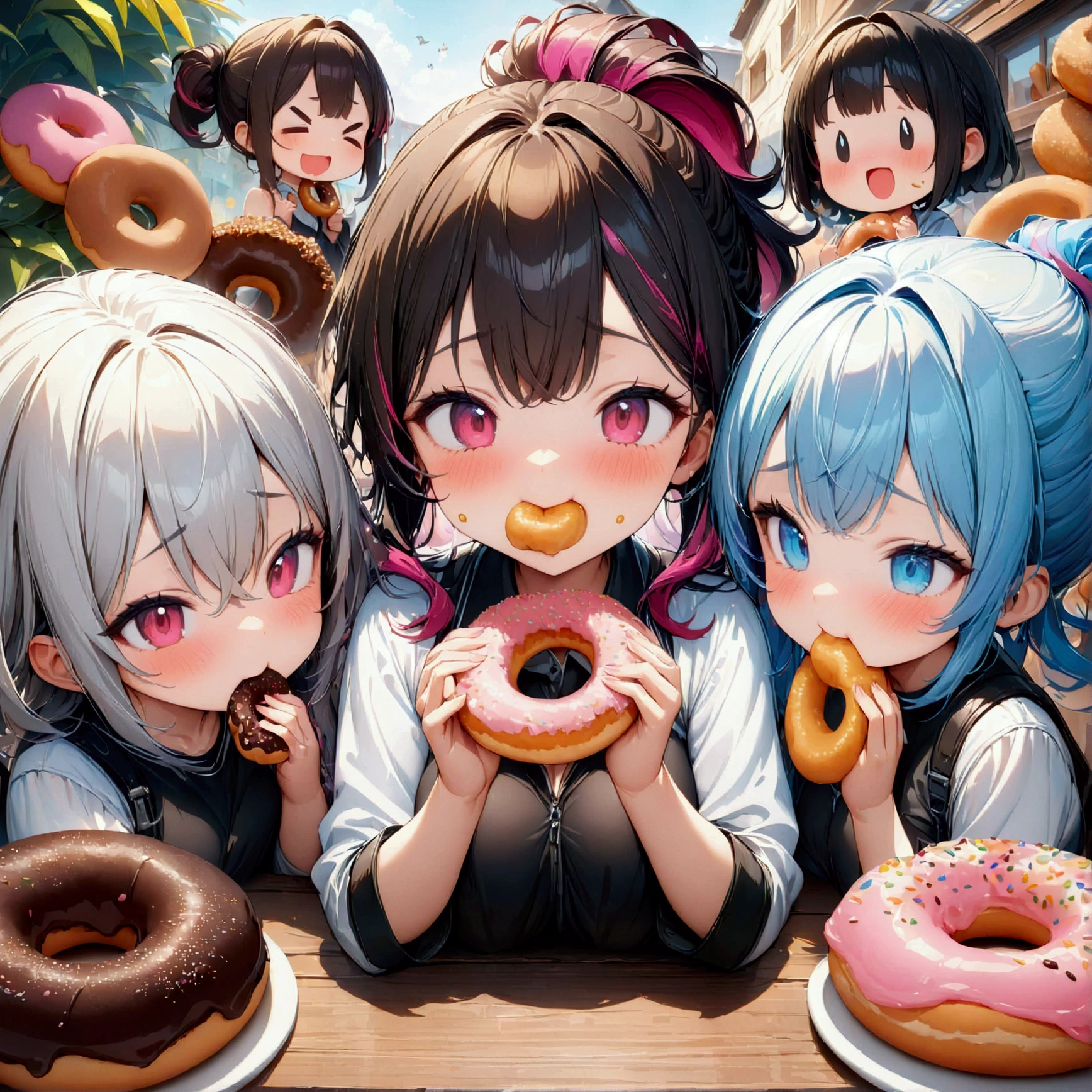 multiple girls, group picture, lineup, 3girls, girls eating donuts, colorful hair, various hairstyles, chibi, (masterpiece:1.2), best quality, high quality, (hyper detailed), 4K, high resolution, extremely detailed CG, (grabbing and eating, donuts), ((Lots of friends)), giggling, funny expressions,