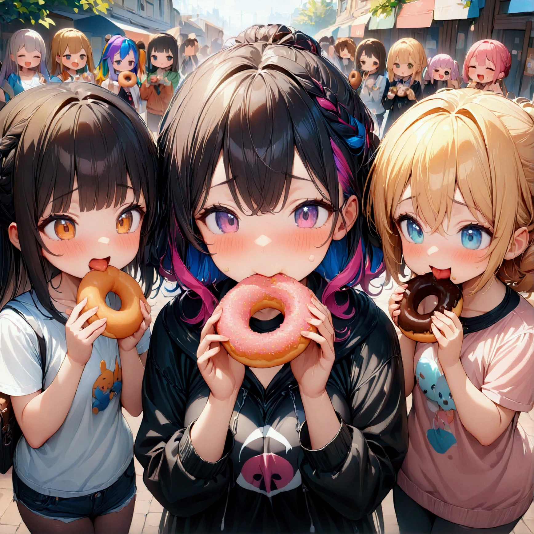 multiple girls, group picture, lineup, 3girls, girls eating donuts, colorful hair, various hairstyles, chibi, (masterpiece:1.2), best quality, high quality, (hyper detailed), 4K, high resolution, extremely detailed CG, (grabbing and eating, donuts), ((Lots of friends)), giggling, funny expressions,