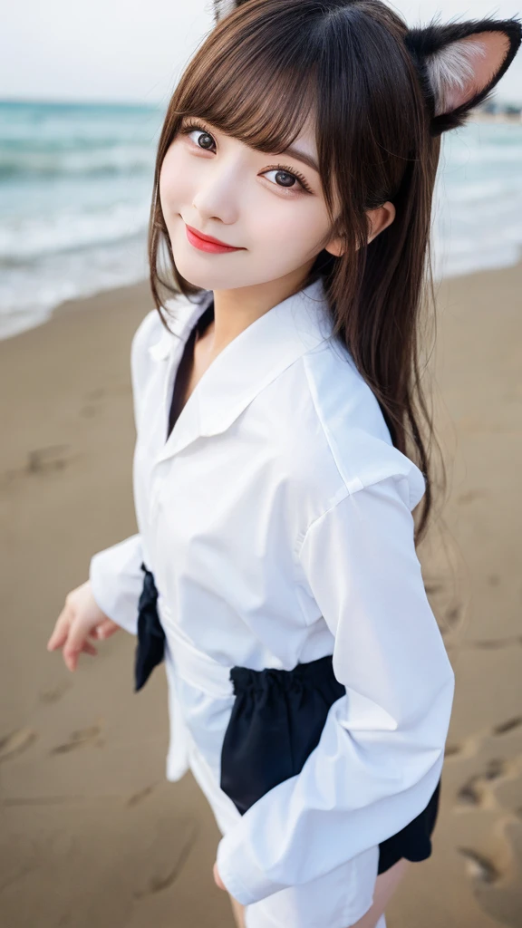 masutepiece, Best Quality, Illustration, Ultra-detailed, finedetail, hight resolution, 8K Wallpaper, Perfect dynamic composition, Beautiful detailed eyes,Full-body photography,showing your whole body、Thin and transparent、Long grey hair, Bold sexy poses,Smile,harajuku、20 years girl、eye liner、Beautiful bangs、Hair between the eyeasterpiece、top-quality、Ultra-detail、Film Light、intricate-detail、hight resolution、ighly detailed))、Detailed background、8 KUHD、Digital SLR、Soft light、hightquality、Film grain、fujifilmxt3 、Shallow depth of field、natural soft light、Kamimei、Saw the knees, sexy shot of looking at the camera、Above the legs、full body、standing on the beach、Side view、cat ear clothing、cat ear clothing、cat ear clothing、cat mustache、cat mustache 、cat mustache