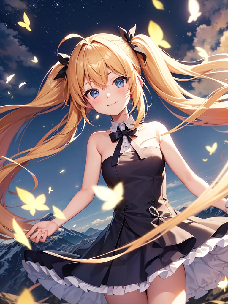 Ray Tracing,high quality,High resolution,bloom effect,Dynamic Angle,Light Shaft, particle lighting, Dynamic Light,One girl, alone, Wind,smile, ,Middle chest, Long blonde twin tails that reach above her ears, Ahoge, (Cyan striped hair:1.15), ,Wizard,Mountain,Starry Sky,blue eyes, Hair Ribbon,Glowing Skin,Happy,