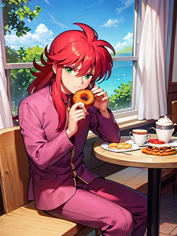 Iced donuts, {Eating a donut}, Cafe, Window, table, Tea cup, Donuts on a wooden plate, sit, One boy, flower, Long Hair, Redhead, Green Eyes, Contrasting, pink , pink uniform, Attention to detail,