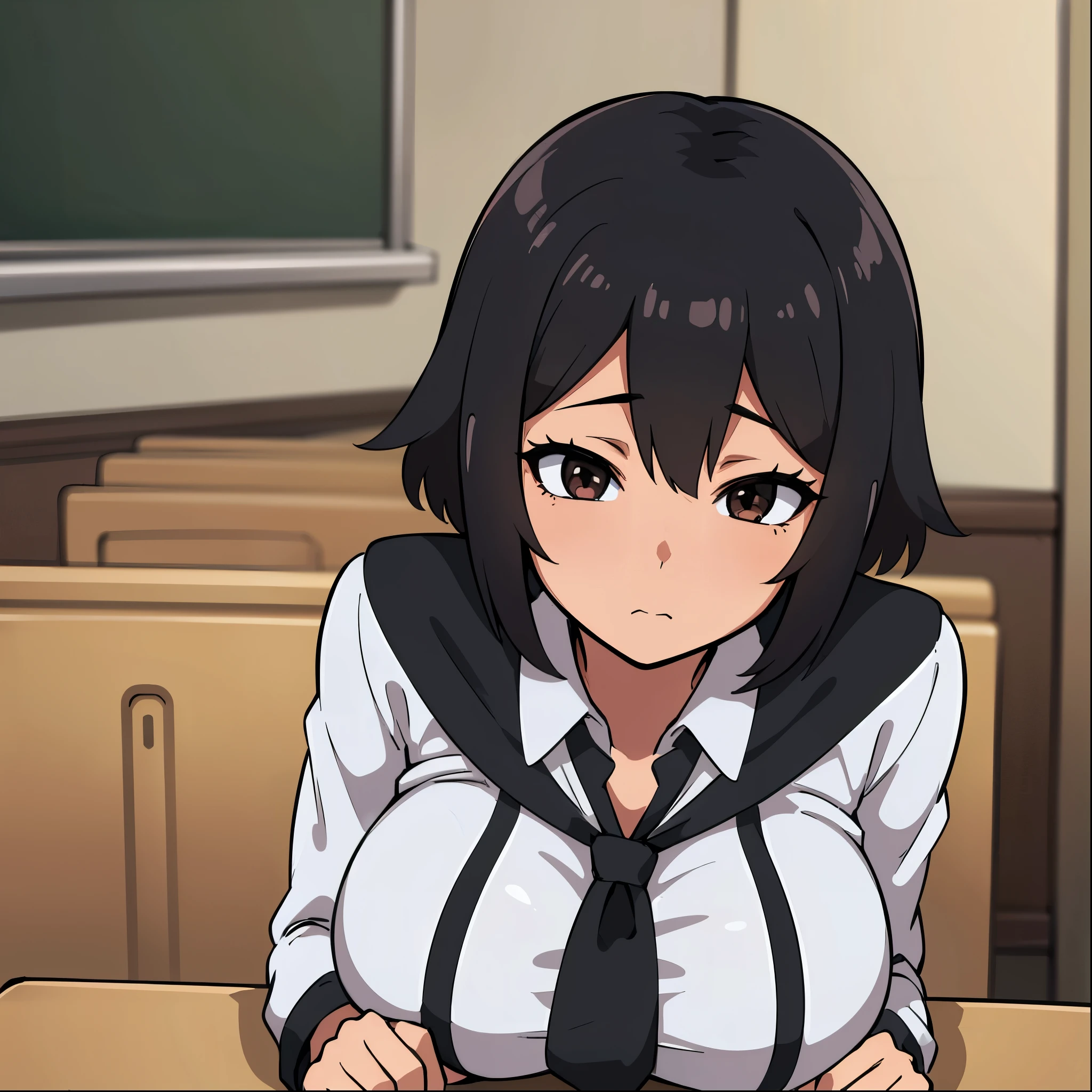 top quality, masterpiece, ultra high resolution, black and white image of an anime girl with short brown hair and well-detailed black eyes, She is in a classroom and is wearing a very tight uniform and has big breasts. 