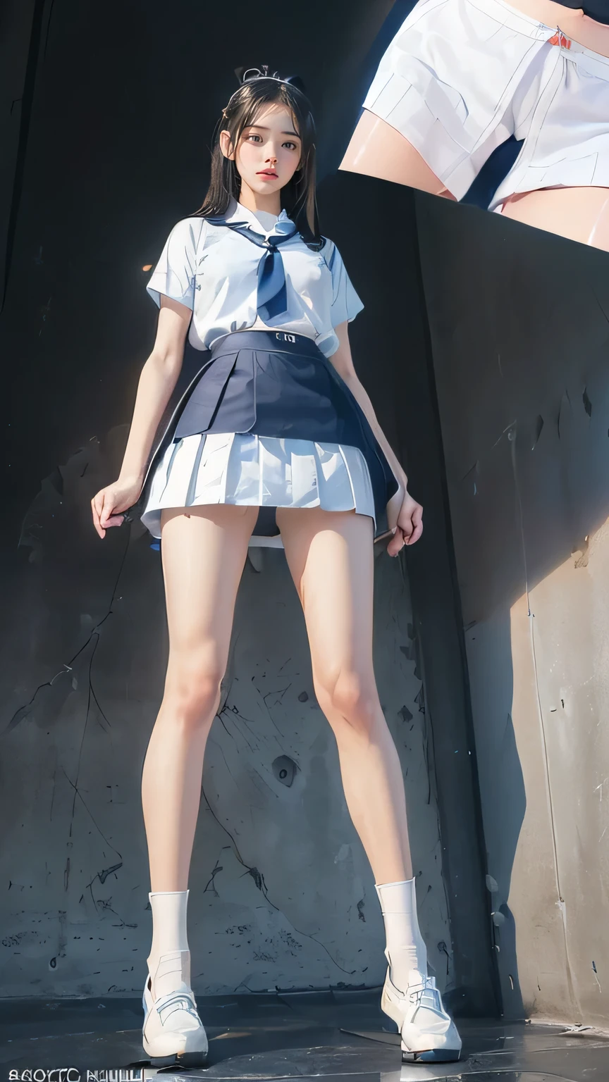 ((masterpiece)),(((最high quality))),High school girls,((((((Photograph the whole body from knee height:1.9)))))),((((((Stand up straight with your legs together:1.9)))))),(((Thin thighs:1.2))),(((Long legs:1.5))),(((Girl standing in a school classroom:1.7))),(((Micro mini skirt student uniform:1.6))),((tall:1.8)),(((Japanese high school girls in summer uniforms:1.8))),((Slim Model body type:1.5)),((Thin legs:1.6)),((Wearing a white short-sleeved student uniform shirt:1.3)),((((Navy blue checked with micro skirt:1.5)))),(age: 18:1.3),bangs,A small smile,((cute girl)),Slender girl,(((Black Loafers:1.3))),(((((Short white socks that reach to the ankles:1.3))))),cute,((The thigh area below the groin is slim and firm)),cute,(Black hair ponytail),(Thin legs),(Slim Model body type),Very small waist,(Small hips),Long thighs,Thin thighs,Thin hands,Long hands,((((Photograph the whole body from below:1.5)))),(((((k-popのIVEのWONYOUNGにそっくりの女の子:1.9))))),(((((Keep your whole body straight back:1.8))))),((((Only face forward:1.8))))((((Stick your butt out a little:1.6)))),((((((White panties visible from under a miniskirt:1.9)))))),(((Clearly detailed groin area:1.4))),(((Reproduce the buttocks in clear detail:1.4))),(((The panties fit her body perfectly, so the contours of her body are clearly reproduced in minute detail.:1.4))),((tall:1.4)),(Stand with your legs straight and without bending your knees:1.7),((Please stand up straight. I can see:1.9)),((Turning your hips back:1.7)),The ankles are super thin,beauty,Fine skin,Firm Skin,Realistically reproduced skin detail of thin legs,Very detailed, Attention to detail,high quality,Awards,High resolution,(Anatomically correct:1.3),(8k,RAW Photos,最high quality,masterpiece:1.5),(((をPhotograph the whole body from below:1.5))),Height 173cm,((Stand up straight with your legs together:1.8)),((Stand up straight with your legs together:1.7)),(((Keep your back straight:1.8))),((look forward to:1.2)),9 head beauty,Model body type,((Inseam is half the height:1.5)),(Thin thighs),((k-popのIVEのWONYOUNGにそっくりの女の子:1.5)),RAW Photos,Firm Skin,Fine skin,Well-toned muscular legs,Attention to detail,vivid,Skin Texture,Genuine skin feel,Perfect composition,beautiful,Very detailed,High chroma,Genuine,eyeliner,eye shadow,High nose,Small nostrils,Small Mouth,Seductive lips,cute,((((In the classroom, you can see desks and a blackboard.:1.7)))),(((Revealing school uniform:1.3))),(((Red tie for high school uniform:1.3)))