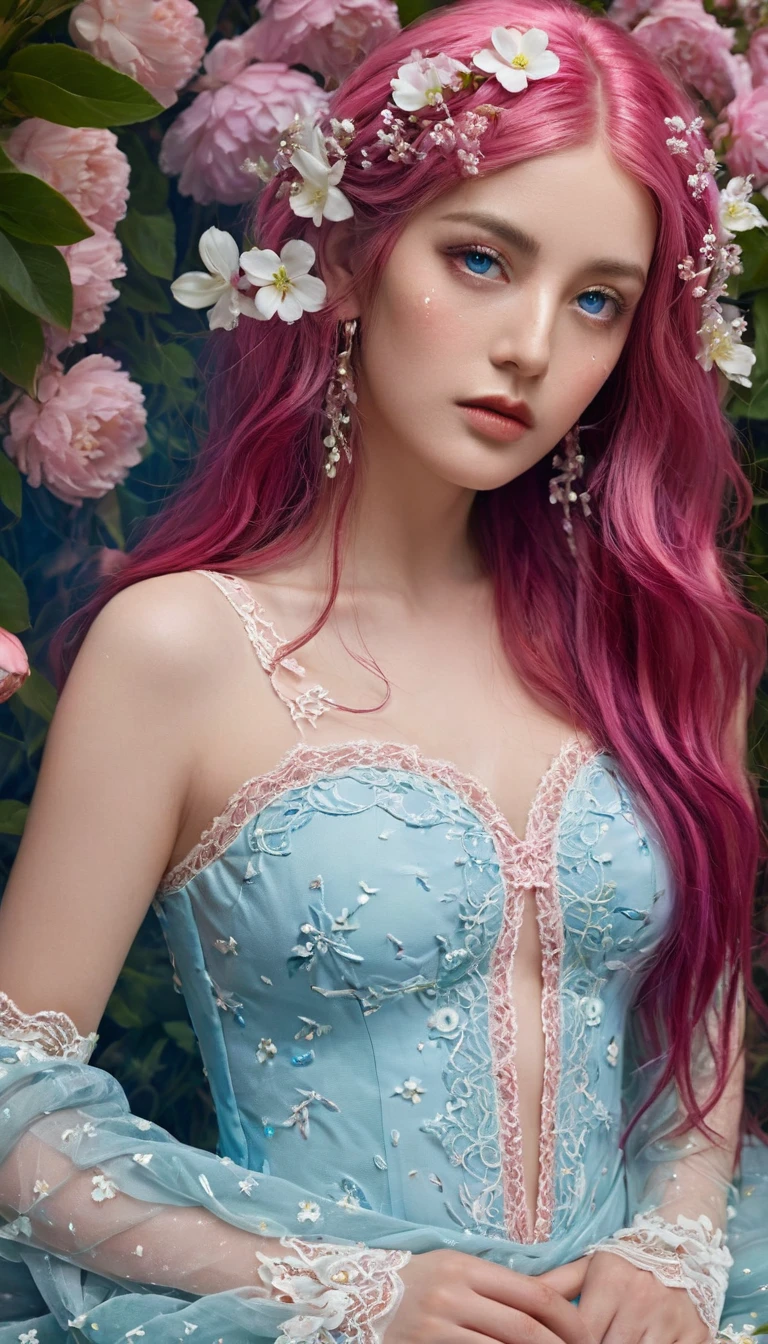 ( absurd , high quality , Extremely detailed, careful hand )Constellation - Cancer Goddess , Similar to Latin goodness , clever, cunning, reasonable, strong-willed face , Mature , tenacious, Moody, Irritability, Sexual style ,  Ocean blue eyes(Eye details), Long hair , Dark pink hair , Transparent dress , Lace underwear, In a sea of blooming flowers  , whole body , Innocent Makeup ,