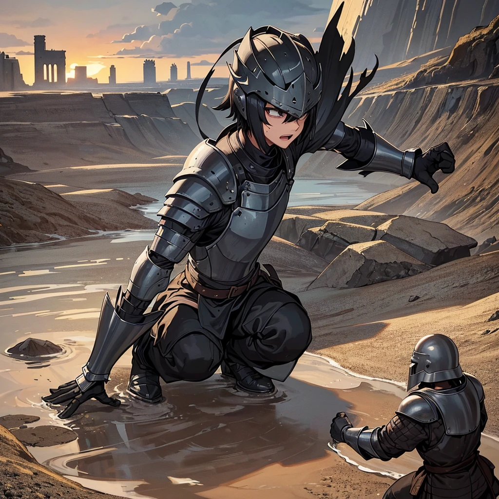 Best illustrations、Best Quality、(((Simple grey armor、Black trousers、Black gloves、Short Hair、Black Hair、20 year old man、Iron Helmet、Iron helmet)))、(((Fighting Pose)))、(Old ruins、desert。Grasasked Knight)、(Black, muddy swamp)、(Medieval Knight)、(Close your eyes、get annoyed、Open your mouth、Get angry、Sweat)、battlefield、(From the back)、Sea of mud、Black Sea、Fall to the ground