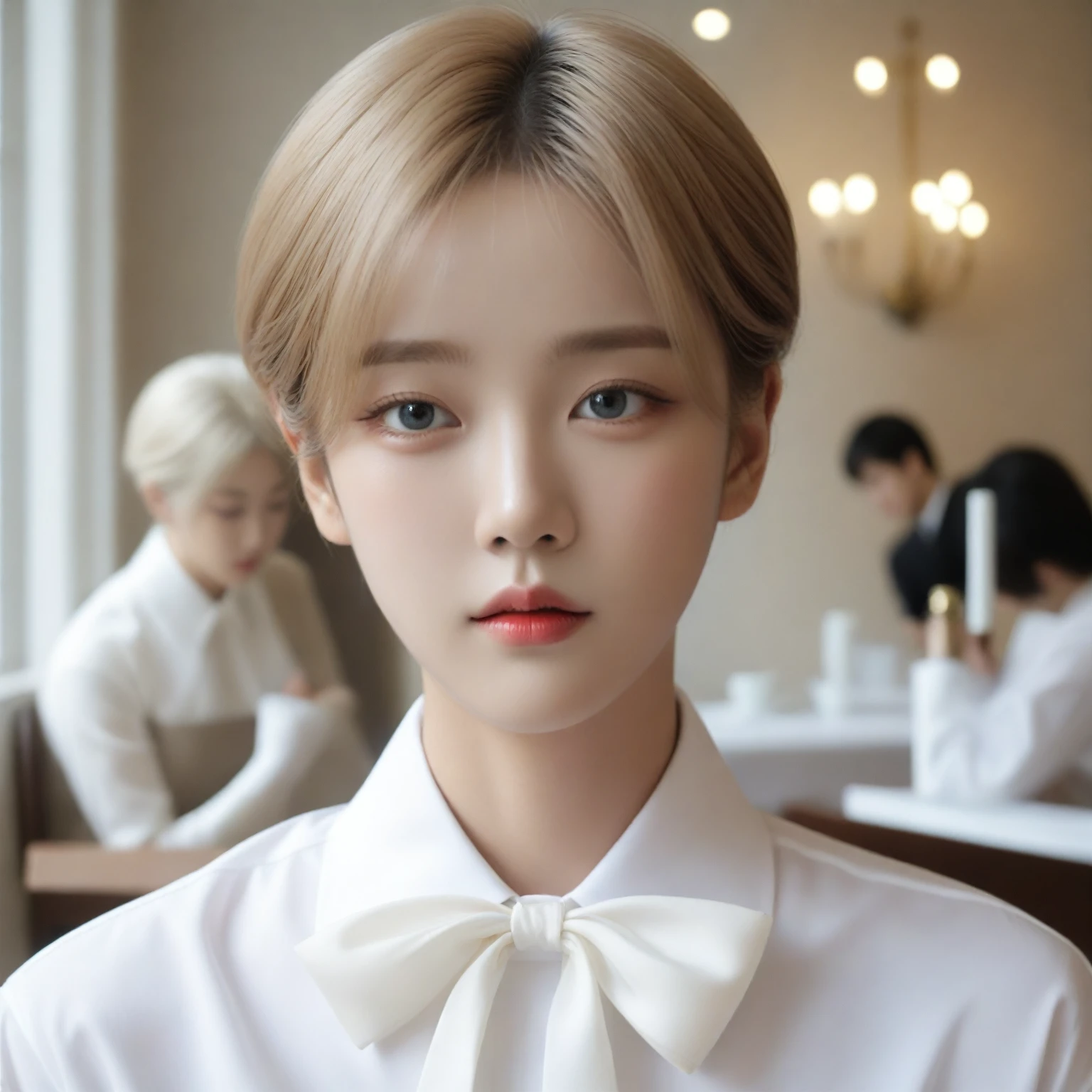 Blonde haired woman with blue eyes and white shirt and bow tie., delicate androgynous prince, Cai Xu Kun, Jung Jaehyun, with short hair, sometimes ulzzang, South Korean man, Kim Doyoung, beautiful androgynous prince, sakimichan, pale korean adorable face, with the same hairstyle, inspired by jeonseok lee, South Korean popular makeup