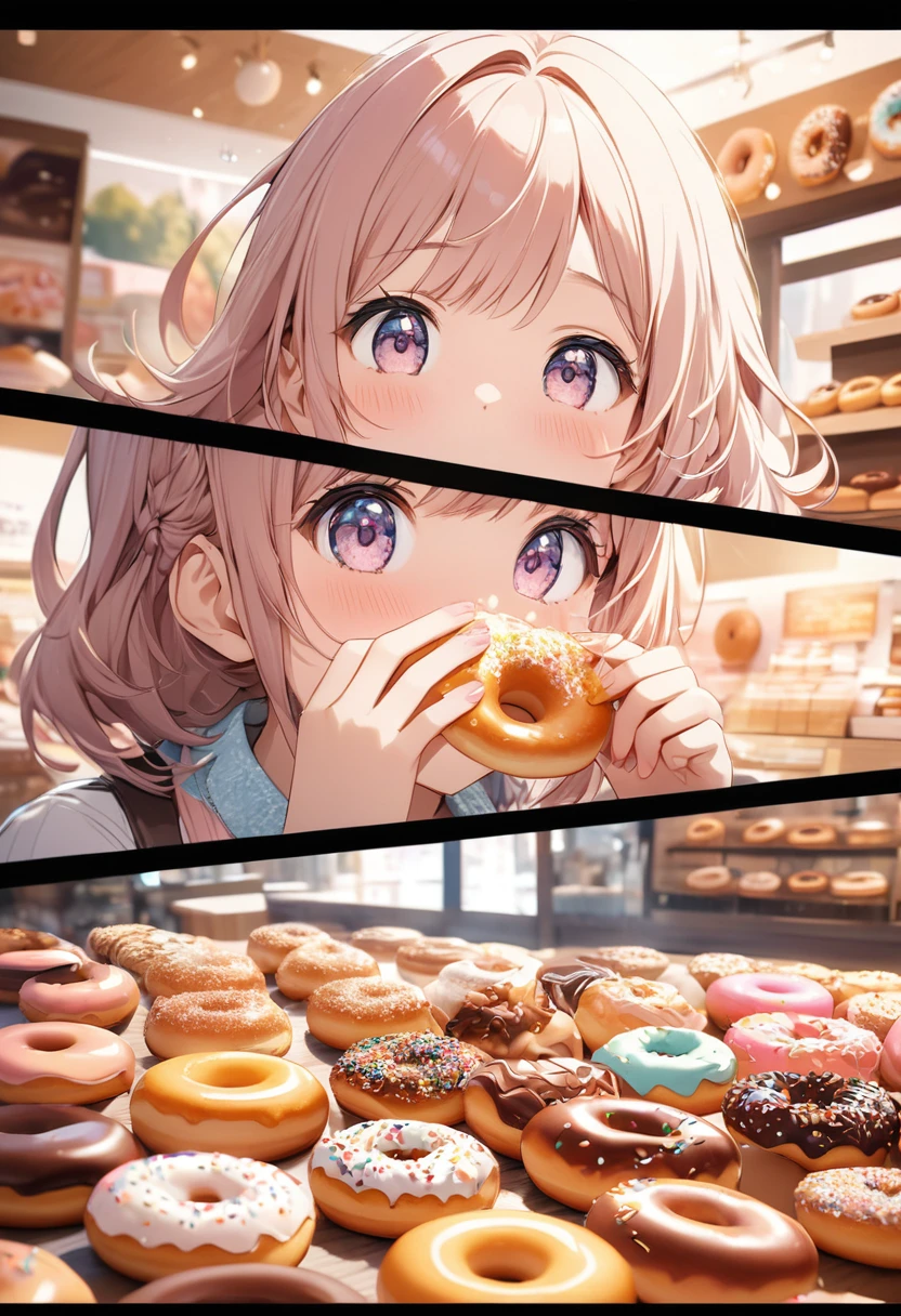 Beautiful, cute and lively donut shop.Host a tasting event.Close-up of cute girl eating donuts.Beautiful and extremely textured foreground and background，detailed, bright, Animation style high definition and high quality presentation((Masterpieces in up to 16K resolution):1.6),((soft_color_photography:)1.5), ((Super detailed):1.4),((Typical static images and dynamic angles):1.3),