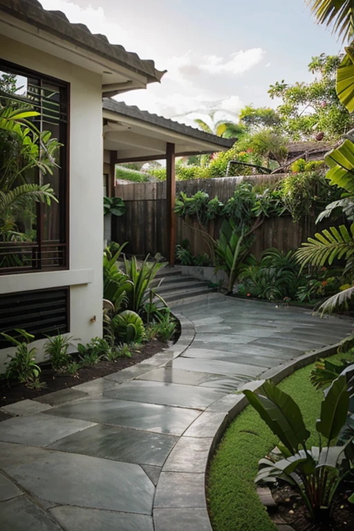 Indonesian house front yard tropical garden, with concrete curve path