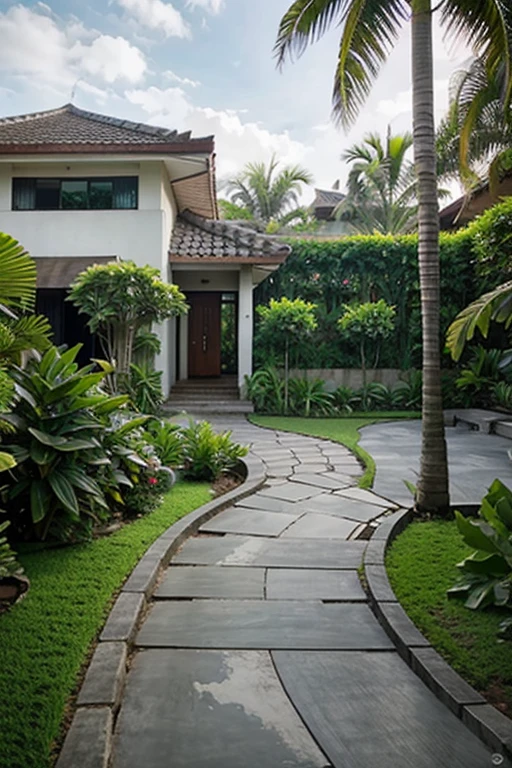 Indonesian house front yard tropical garden, with concrete curve path