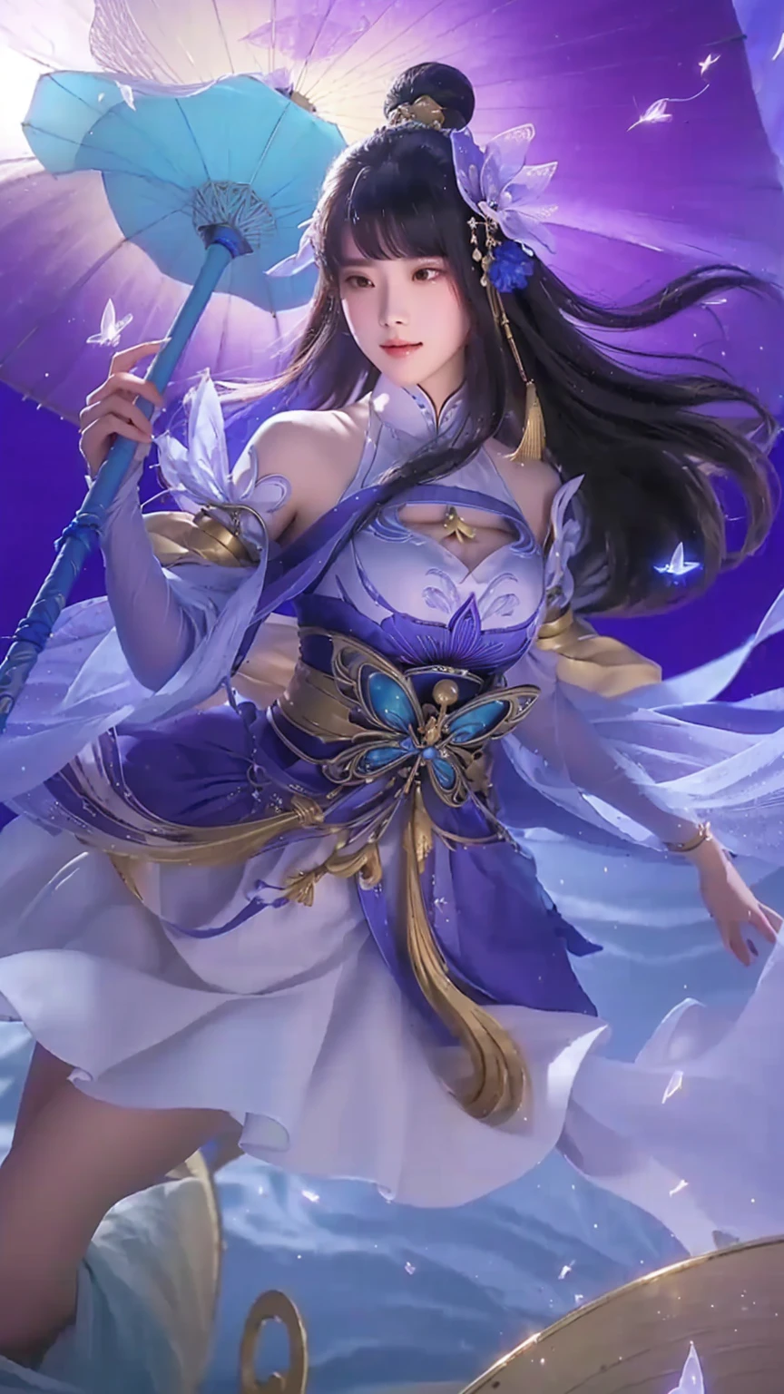 a close up of a woman in a dress holding a blue umbrella, full body xianxia, beautiful celestial mage