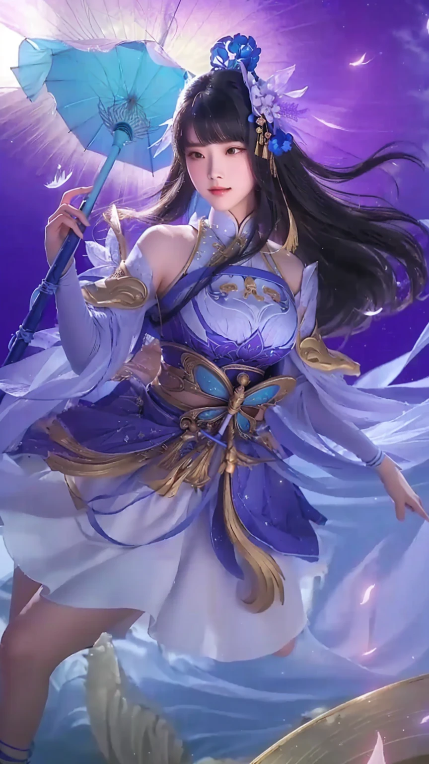 a close up of a woman in a dress holding a blue umbrella, full body xianxia, beautiful celestial mage