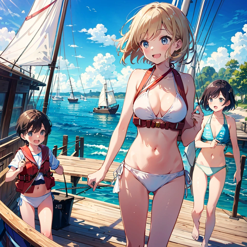 (Highest Quality, Masterpiece: 1.2), Multiple Girls, Watercraft, Sea, Blonde, Short Hair, Brown Hair, Long Hair, (Sailing: 1.2), Smile, Looking Away, (Life Jacket: 1.5), Blue Sky, Blue Water, Poor Breasts, children, young, short limbs, white sails, windy, day, summer vacation, yacht, deck, rope, handle, (white bikini: 1.5),
laughing, cheerful, fun,
baby face,