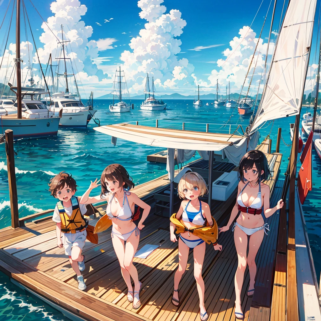 (Highest Quality, Masterpiece: 1.2), Multiple Girls, Watercraft, Sea, Blonde, Short Hair, Brown Hair, Long Hair, (Sailing: 1.2), Smile, Looking Away, (Life Jacket: 1.5), Blue Sky, Blue Water, Poor Breasts, children, young, short limbs, white sails, windy, day, summer vacation, yacht, deck, rope, handle, (white bikini: 1.5),
laughing, cheerful, fun,
baby face,