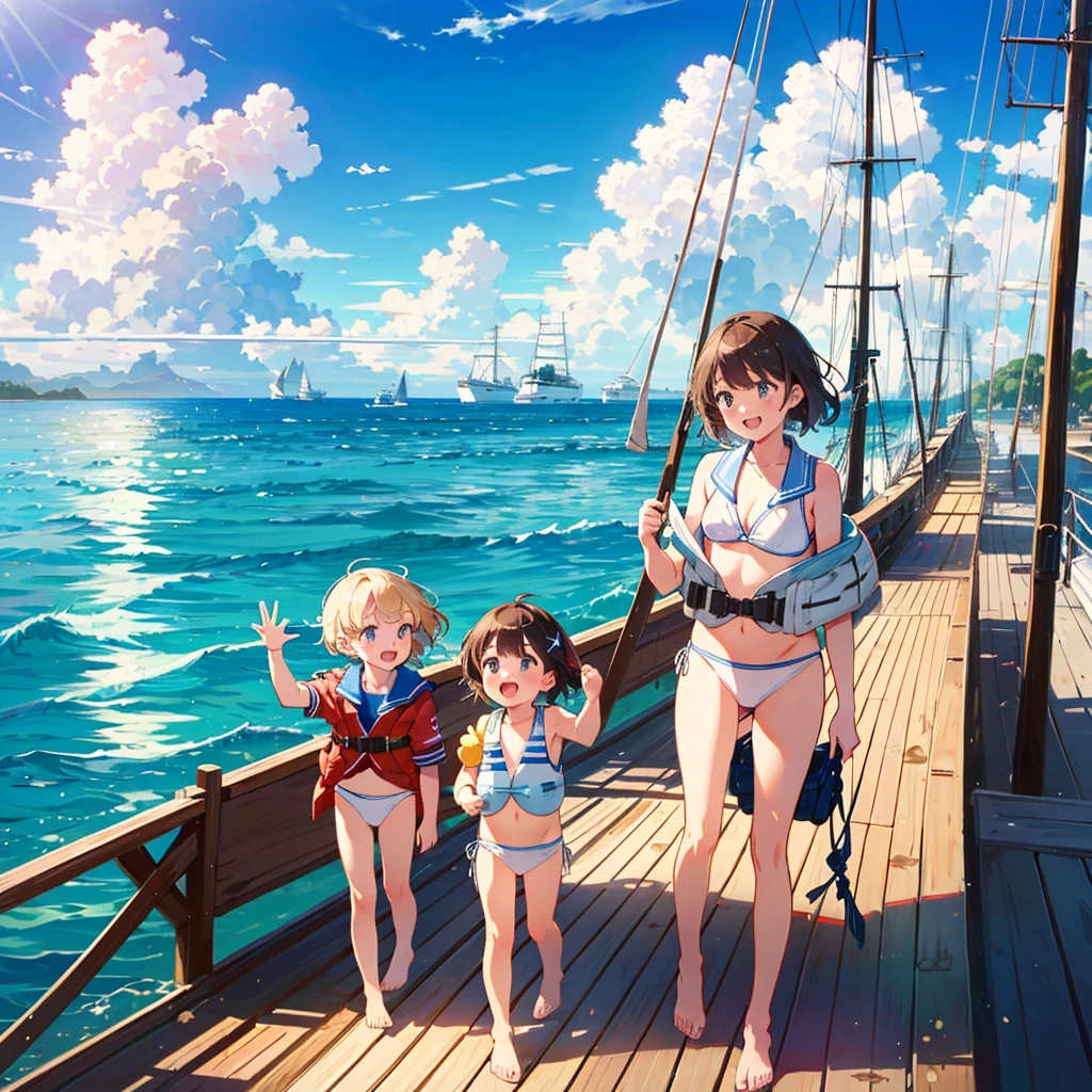 (Highest Quality, Masterpiece: 1.2), Multiple Girls, Watercraft, Sea, Blonde, Short Hair, Brown Hair, Long Hair, (Sailing: 1.2), Smile, Looking Away, (Life Jacket: 1.5), Blue Sky, Blue Water, Poor Breasts, children, young, short limbs, white sails, windy, day, summer vacation, yacht, deck, rope, handle, (white bikini: 1.5),
laughing, cheerful, fun,
baby face,
