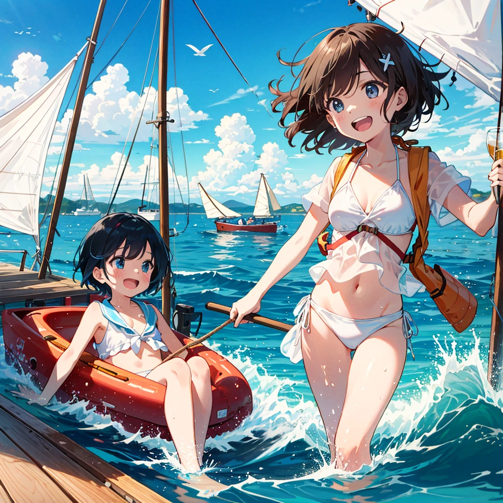 (Highest Quality, Masterpiece: 1.2), Multiple Girls, Watercraft, Sea, Blonde, Short Hair, Brown Hair, Long Hair, (Sailing: 1.2), Smile, Looking Away, (Life Jacket: 1.5), Blue Sky, Blue Water, Poor Breasts, children, young, short limbs, white sails, windy, day, summer vacation, yacht, deck, rope, handle, (white bikini: 1.5),
laughing, cheerful, fun,
baby face,