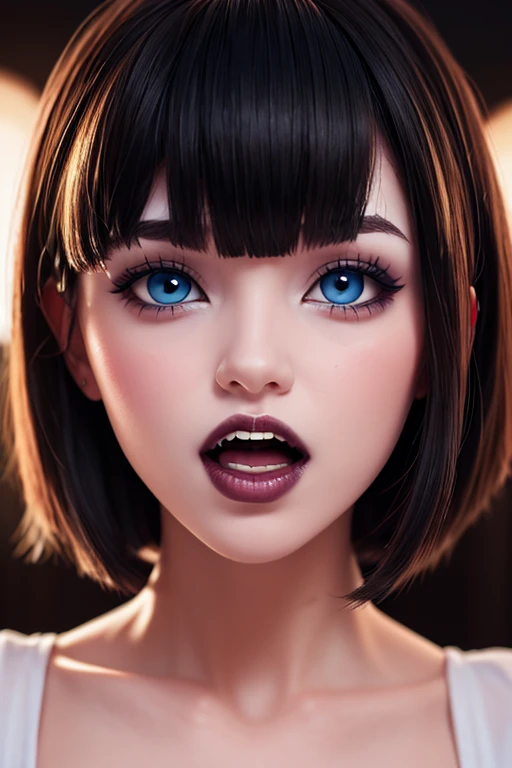 Attractive girl with big blue eyes, White skin, eyeliner and open mouth showing vampire fangs, short black hair with bob style bangs voluminous lips thin nose image 1.2 High Resolution 12k Gothic Makeup Fanart Awesome