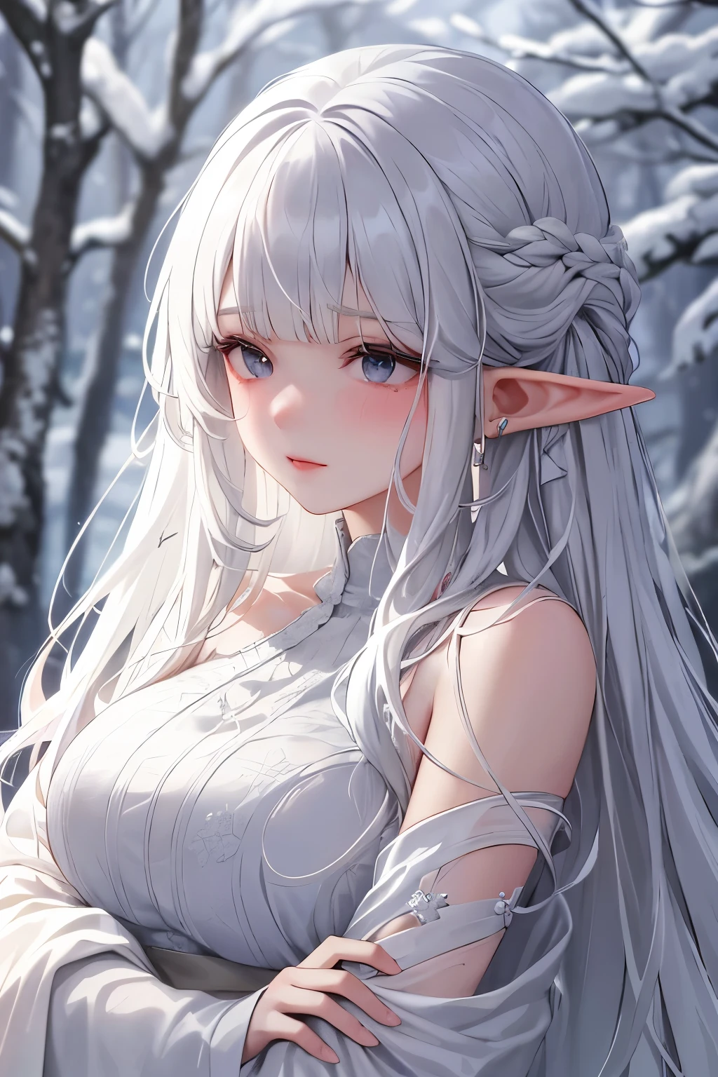 In an exquisite 8K masterpiece, a mature anime woman stands amidst a pristine snow-covered forest, embodying the epitome of best quality. Her appearance is that of an elf woman, adorned in white clothing that echoes the pureness of the snowy landscape. Her long, cascading white hair, parted in the middle, frames a delicate face with light grey eyes that reflect the gloom of the environment. The tips of her long bangs are dipped in fresh snow, creating a contrast with her natural color. Her lips gloss adds a subtle touch of color to her mature, sad expression, laden with tears that drip onto her white collar. Silver ear