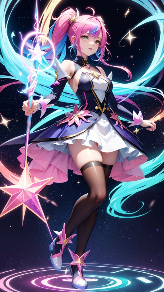 A vibrant anime-style magical girl with rainbow-colored hair, wearing a futuristic costume with glowing accents, wielding a star-shaped wand, surrounded by floating holographic symbols and sparkles